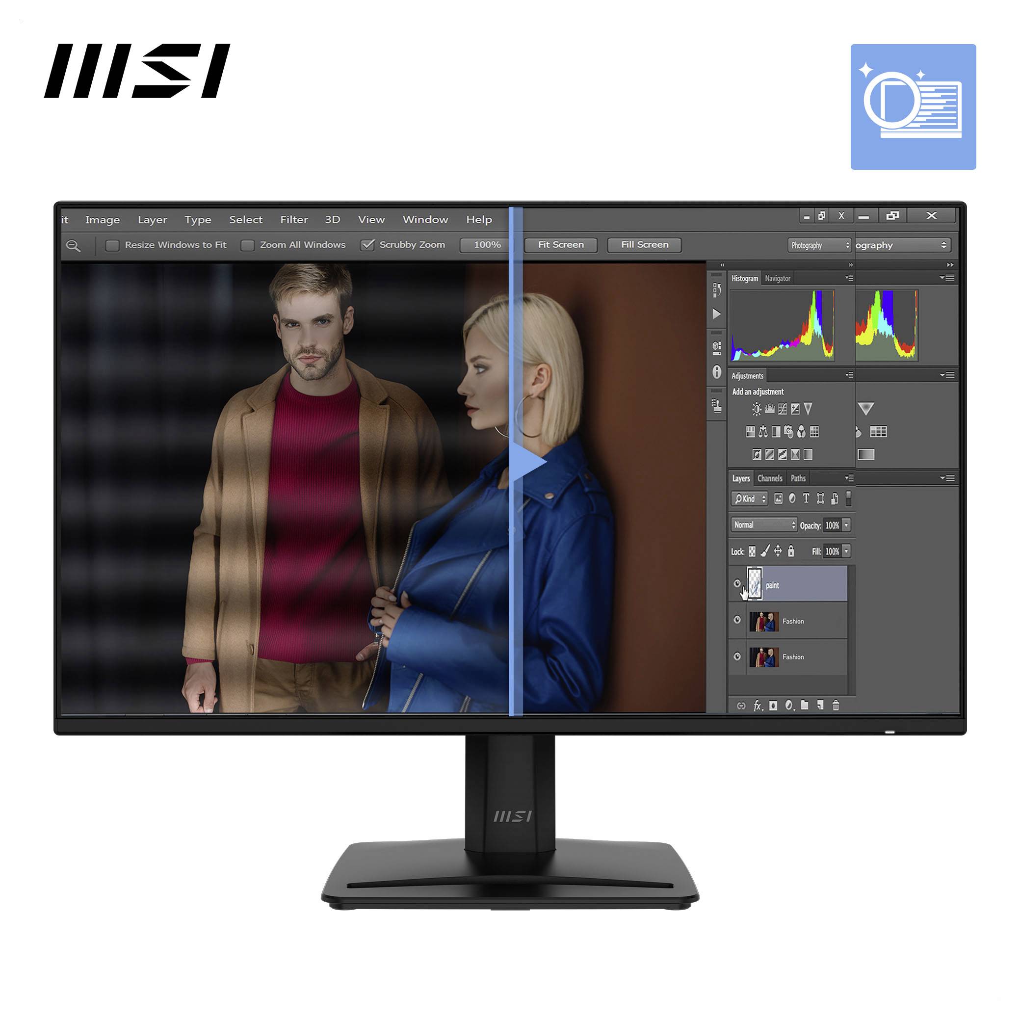 MSI-Monitor zeigt eine Fotobearbeitungsoberfläche mit einem geteilten Bildschirm für Vorher-Nachher-Bildvergleich.