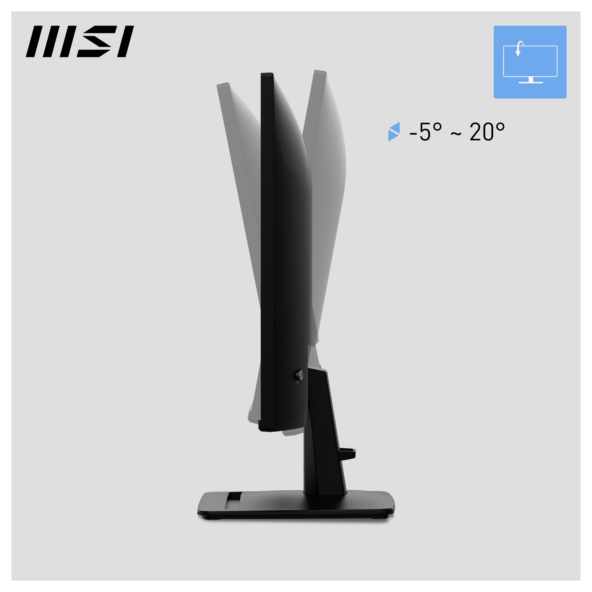 MSI-Monitor von der Seite gezeigt mit verstellbarem Neigungswinkel von -5° bis 20° auf einem Ständer.