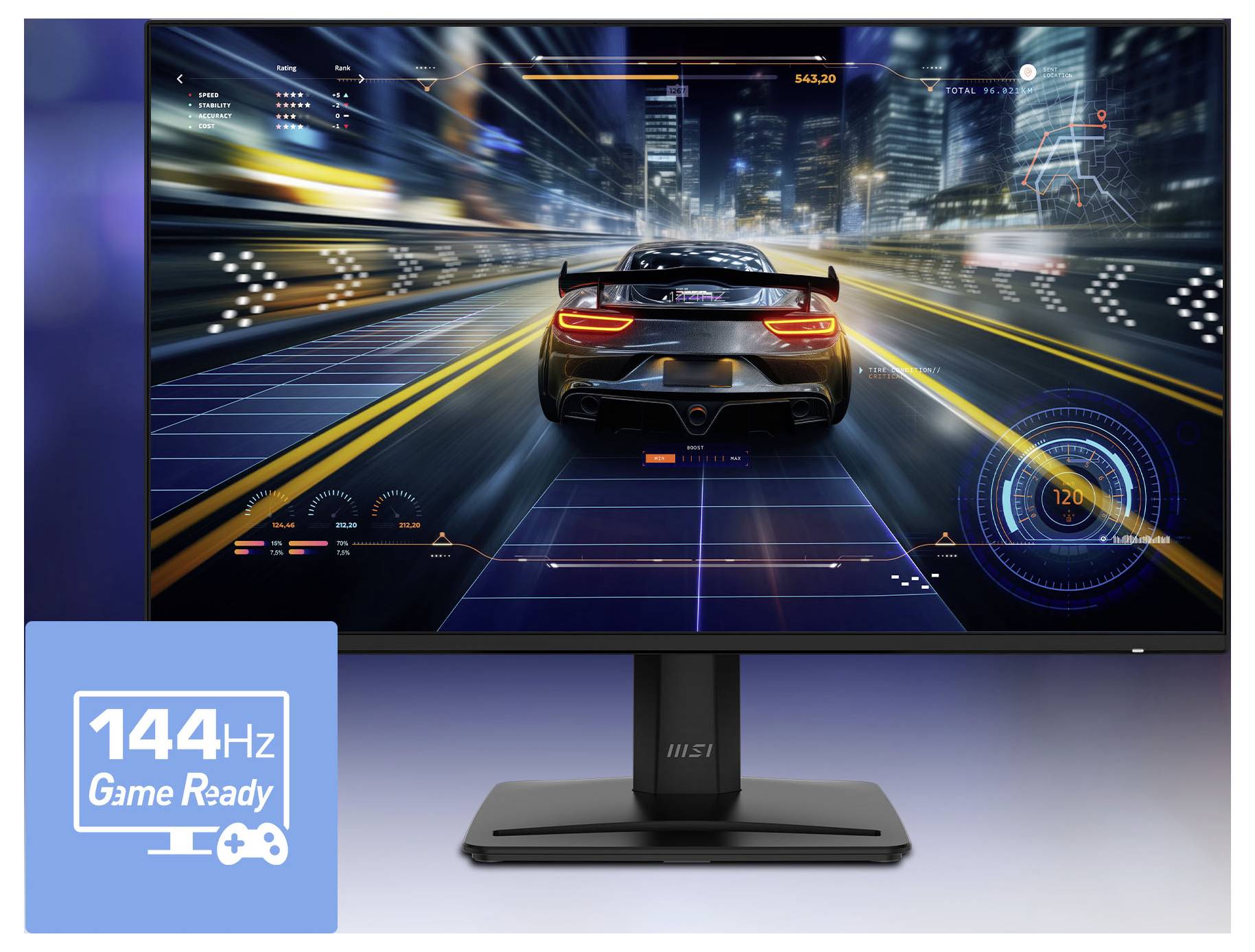 MSI-Gaming-Monitor zeigt ein Rennspiel-Auto bei hoher Geschwindigkeit mit einem 144-Hz-Game-Ready-Abzeichen