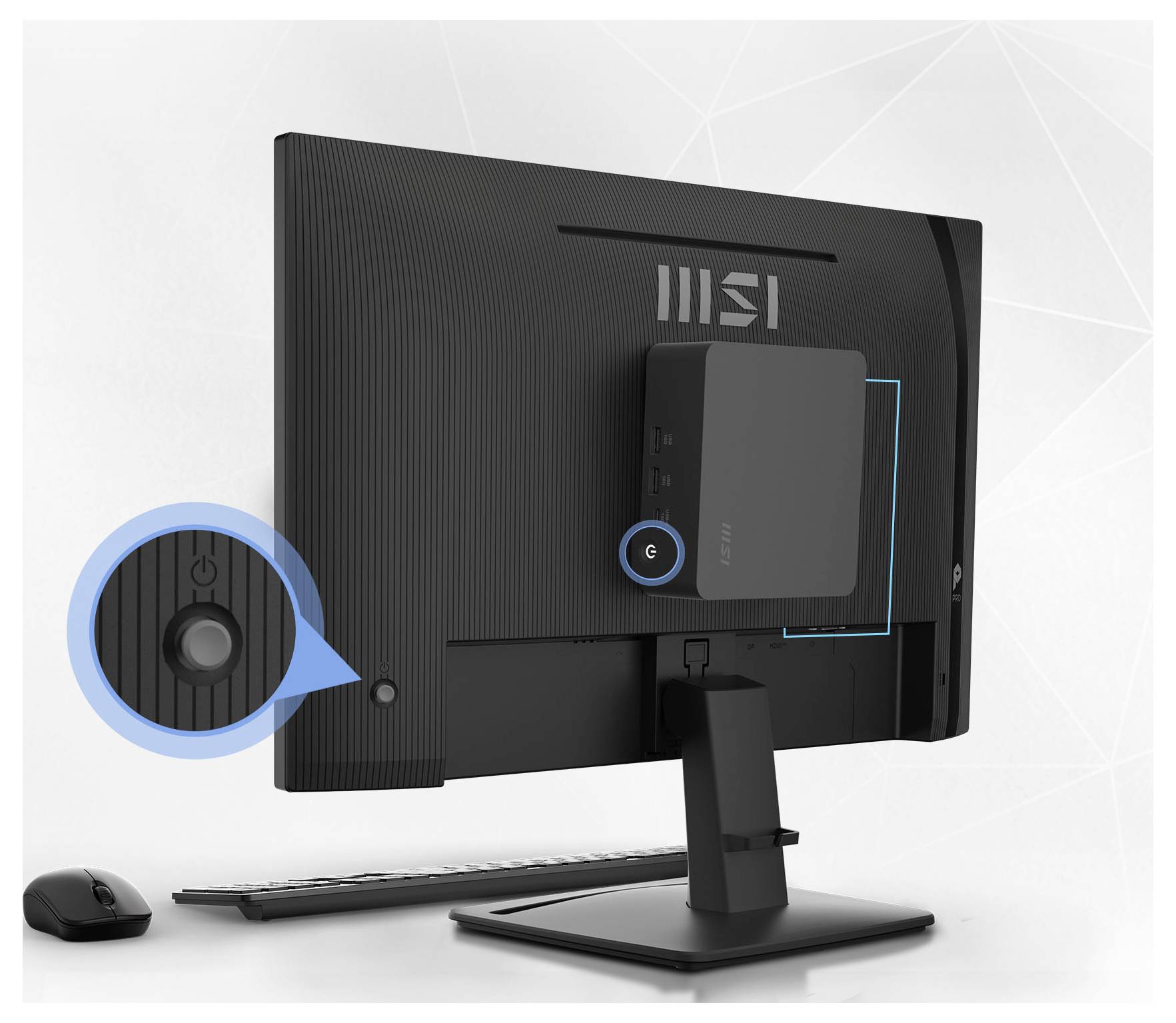 Rückansicht eines MSI-Monitors mit montiertem Mini-PC, wobei der Netzschalter in einer eingefügten Legende hervorgehoben ist.