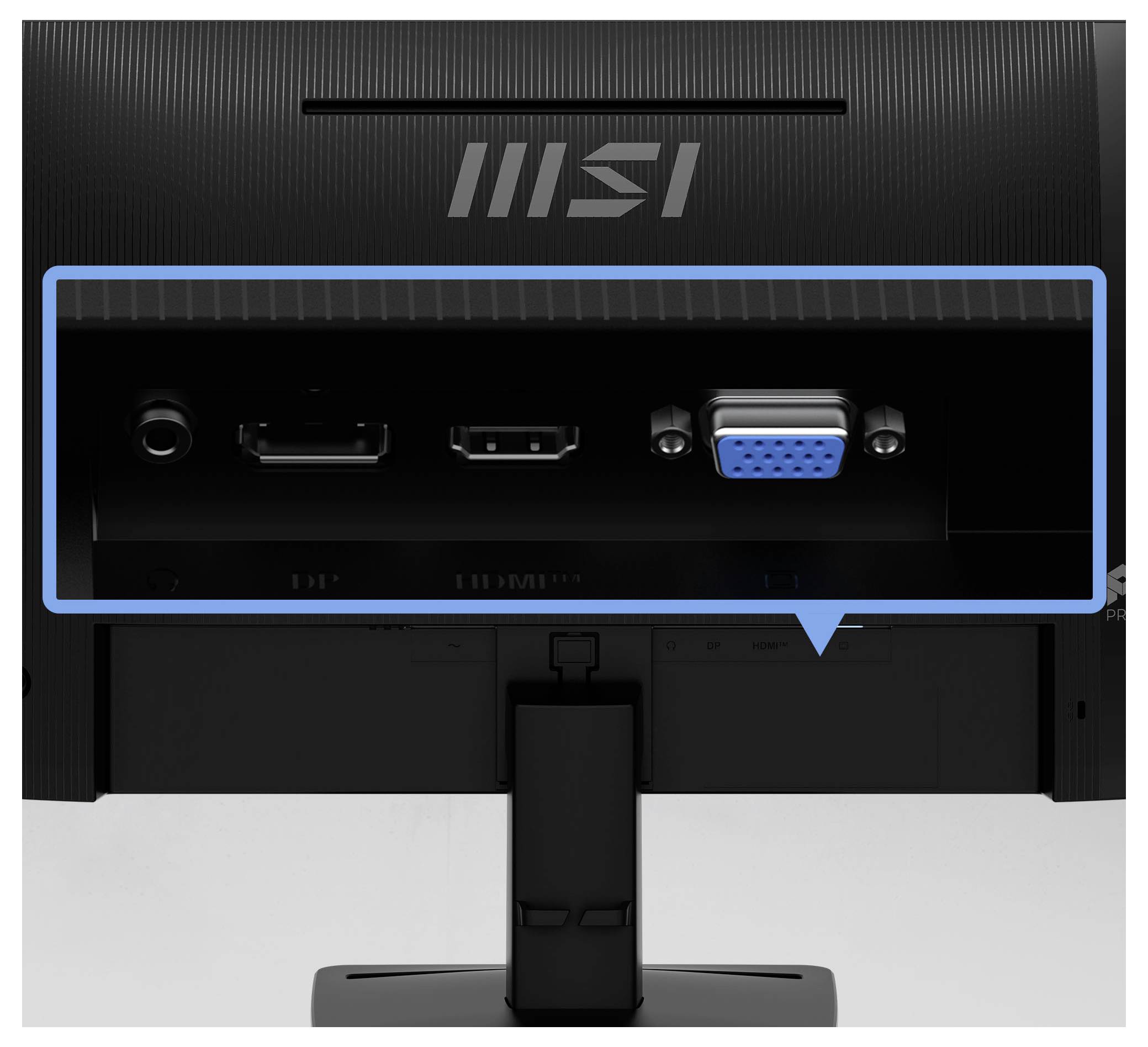 Rückseite eines MSI-Monitors mit Anschlüssen: Stromanschluss, HDMI, USB und blauer VGA-Anschluss mit Callout hervorgehoben.