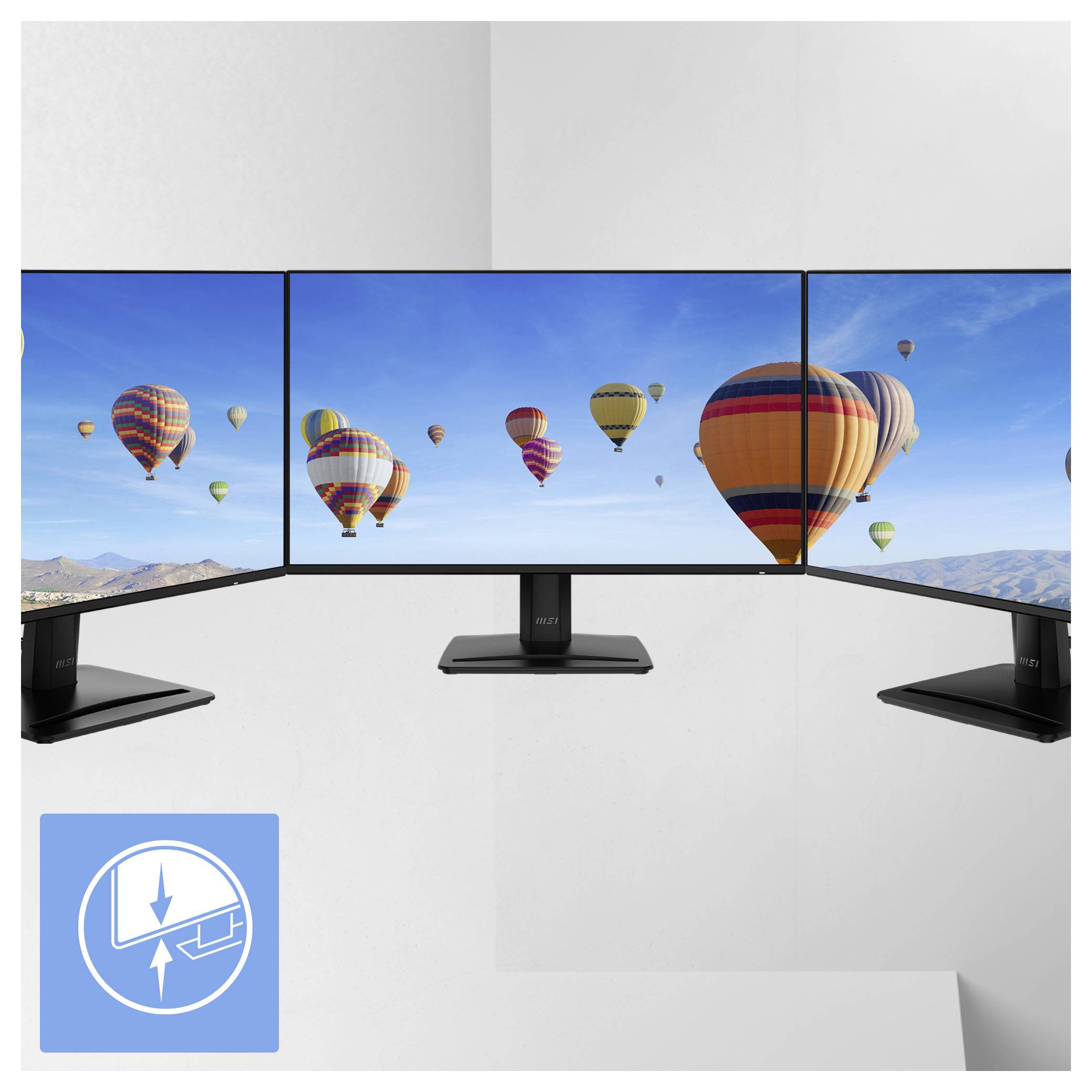 Dreifach-Monitor-Anzeige mit Heißluftballons über die Bildschirme verteilt, mit einem blauen Symbol, das Bildschirmneigung oder Verstellbarkeit anzeigt.