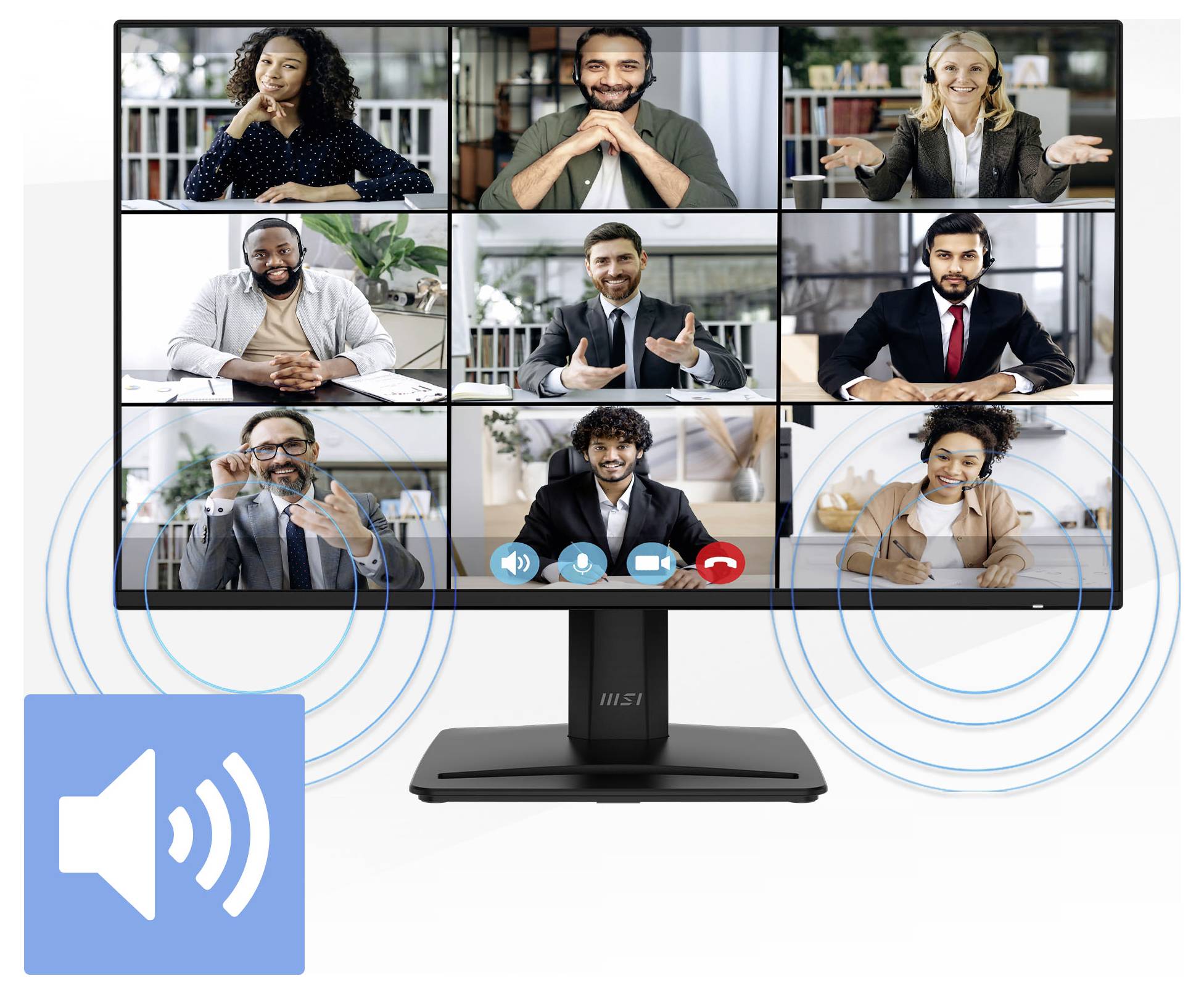 Computermonitor mit einer Videokonferenz mit neun Teilnehmern, Lautsprecher- und Mikrofonsymbolen auf dem Bildschirm, was auf ein audiogestütztes Online-Meeting hindeutet.
