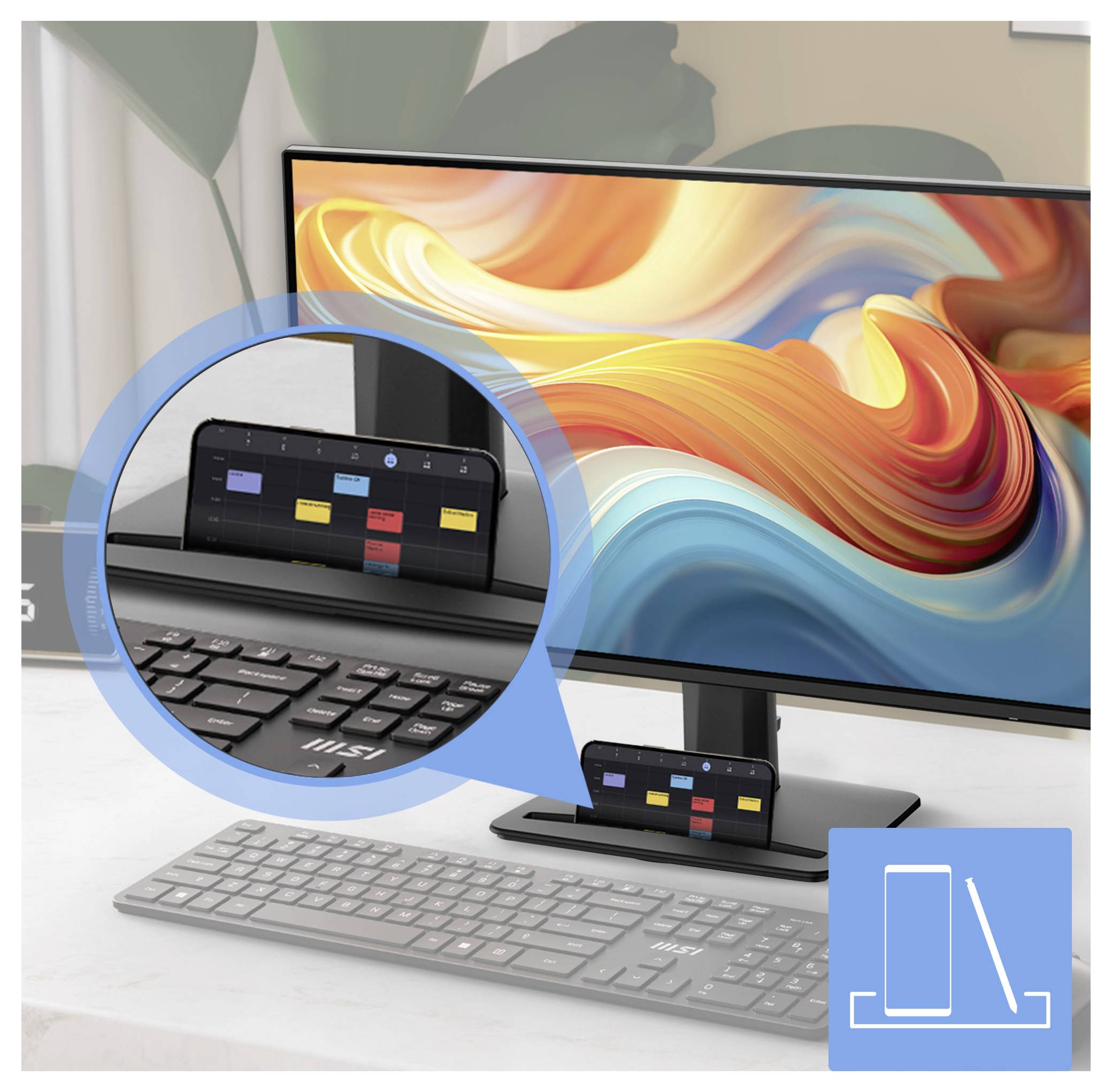 Desktop-Monitor mit farbenfrohem abstraktem Hintergrundbild und einer Dockingstation auf seinem Ständer, die eine Laptop-Bildschirmerweiterung zeigt; Ausschnitt hebt kalenderähnliche Kacheln und ein Telefon-/Laptop-Support-Symbol hervor.