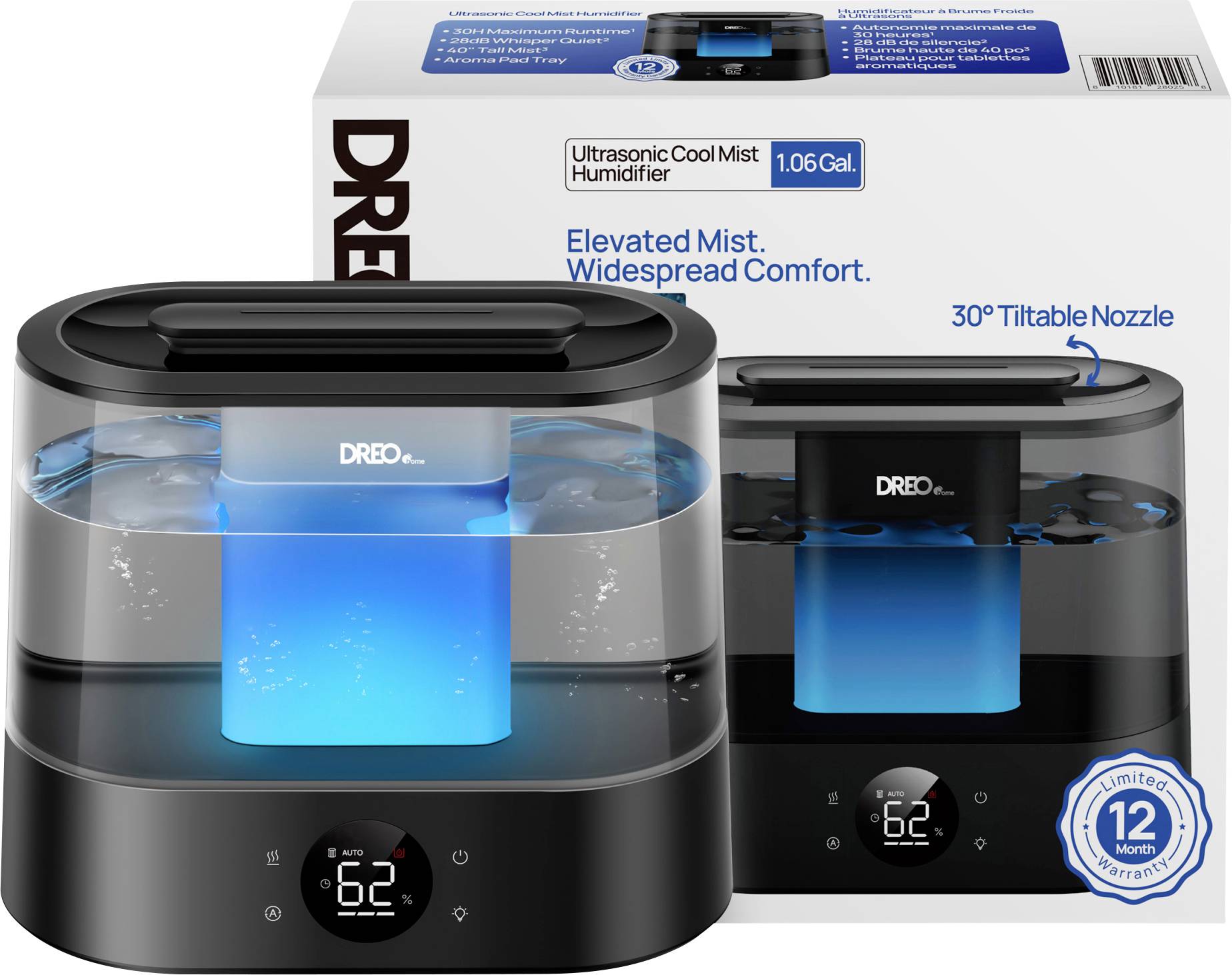 Produktbild eines DREO Ultraschallbefeuchters, das die Haupteinheit mit blauer Nebelkammer, digitaler Anzeige, um 30° neigbarem Düsennozzle und einem 12-Monats-Garantiebadge zeigt.