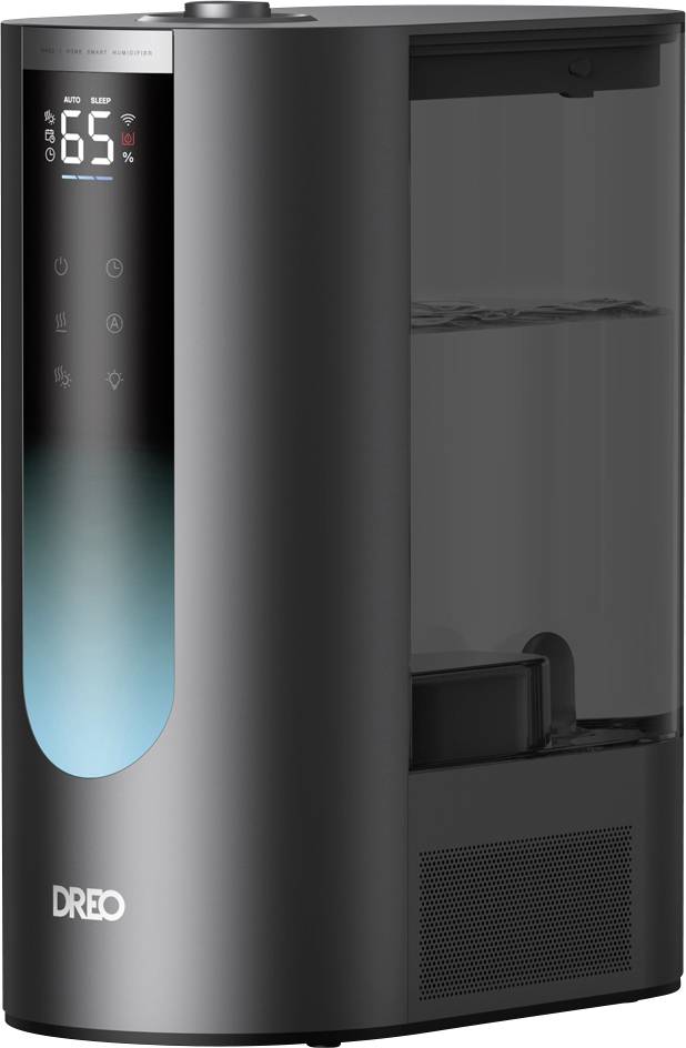 Schwarzer Dreo-Luftbefeuchter mit digitaler Frontanzeige, die 65% Luftfeuchtigkeit anzeigt, und einem transparenten Wassertankfenster.