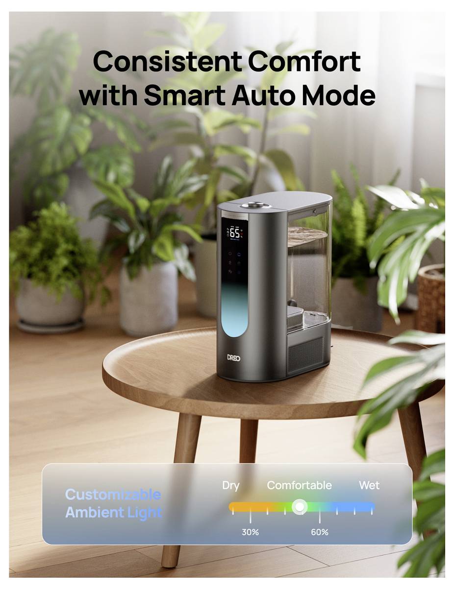 Intelligenter Luftbefeuchter auf einem Tisch in einem pflanzenreichen Raum, mit dem Text „Konstanter Komfort mit intelligenter Automatik