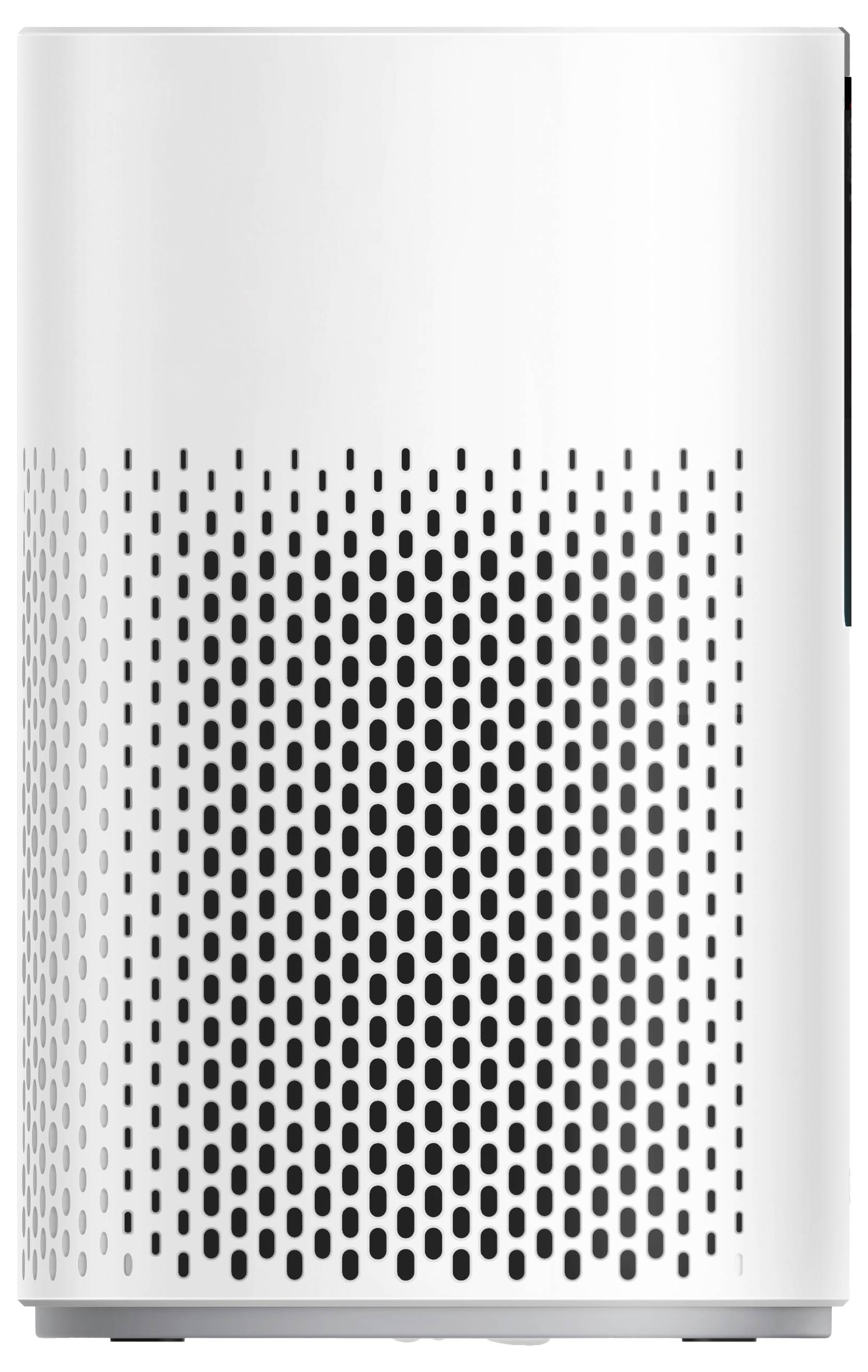 Weißes zylindrisches Haushaltsgerät mit perforiertem Frontpanel und schmalem Seitendisplay, wahrscheinlich ein Luftreiniger