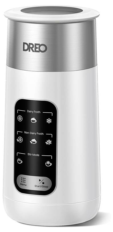 Weiße DREO elektrische Milchschäumer mit Edelstahldeckel und schwarzem Bedienfeld mit Menü- und Start-/Stoppschaltflächen.