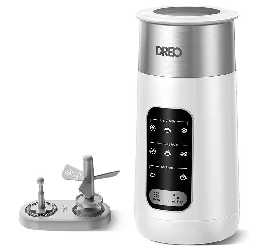 DREO elektrischer Milchaufschäumer mit Edelstahlkanne und zwei Quirl-Aufsätzen, mit Touchbedienelementen für Milchschaum, pflanzlichen Schaum und Rührmodus.