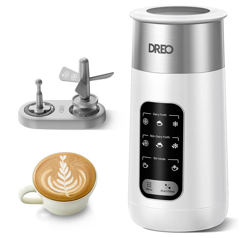 DREO elektrischer Milchaufschäumer mit abnehmbaren Schneebesenaufsätzen und einer Tasse Latte Art, die Aufschäum-, Nicht-Aufschäum- und Rührmodi zeigt.