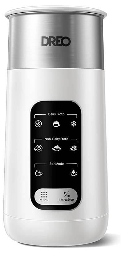 Silberner DREO Milchaufschäumer mit schwarzem Touchbedienfeld mit den Schaltflächen Dairy Froth, Non-Dairy Froth, Stir Mode, Menu und Start/Stop.