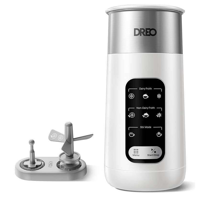 DREO automatischer Milchaufschäumer mit Basis, Schneebesen-Aufsätzen und vorderer Bedienblende für Milchschaum, pflanzlichen Schaum und Rührmodus.