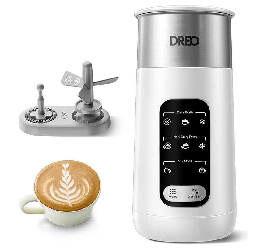 DREO-Milchaufschäumer mit digitaler Bedienungstafel, gezeigt mit austauschbaren Quirlaufsätzen und einer Tasse Latte mit Latte-Art aus Milchschaum.