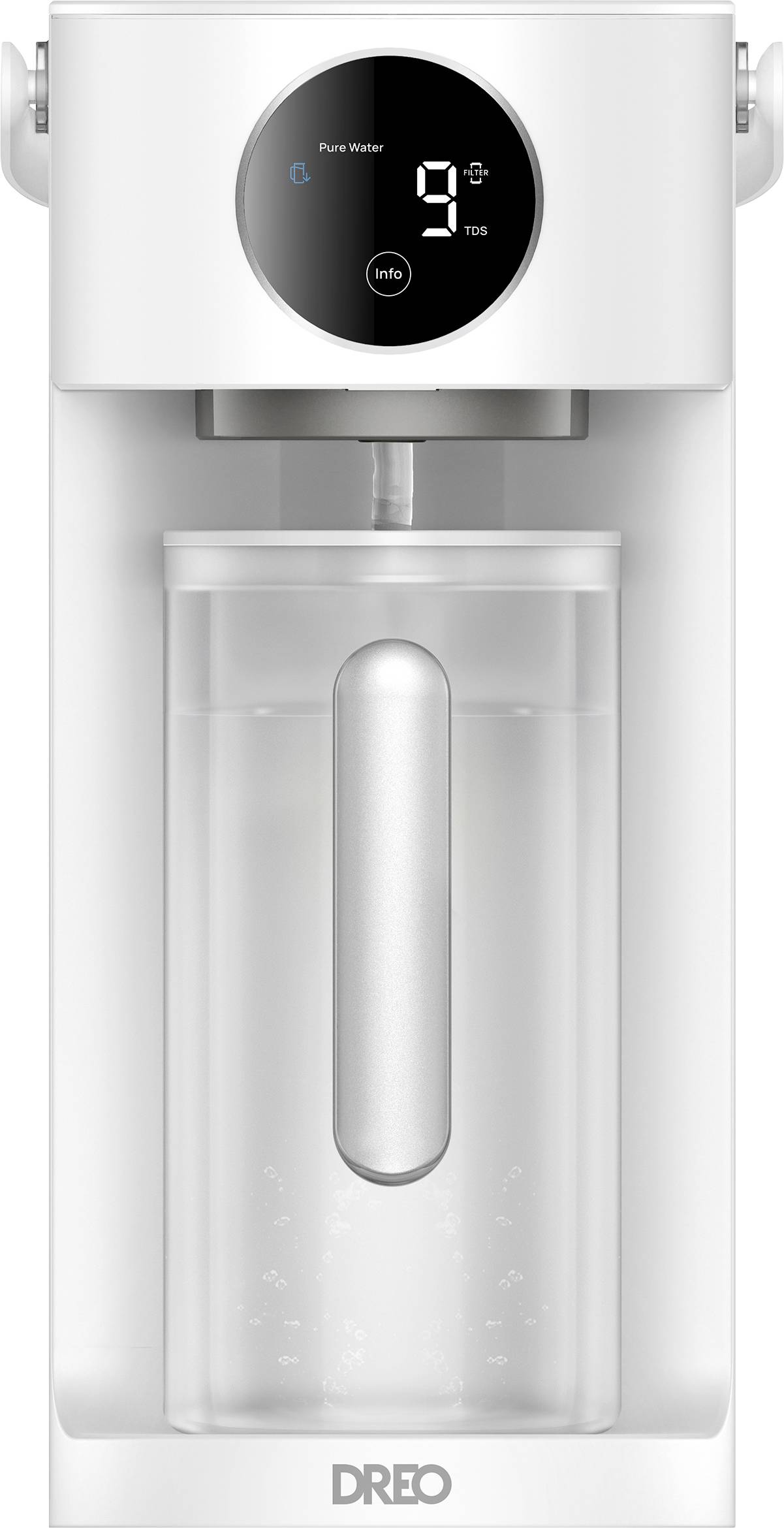 Weißer DREO Wasser-Reinigungsgerät/Spender für die Arbeitsplatte mit einem schwarzen digitalen Display, das 9 TDS anzeigt, und einem klaren Wassertank darunter.