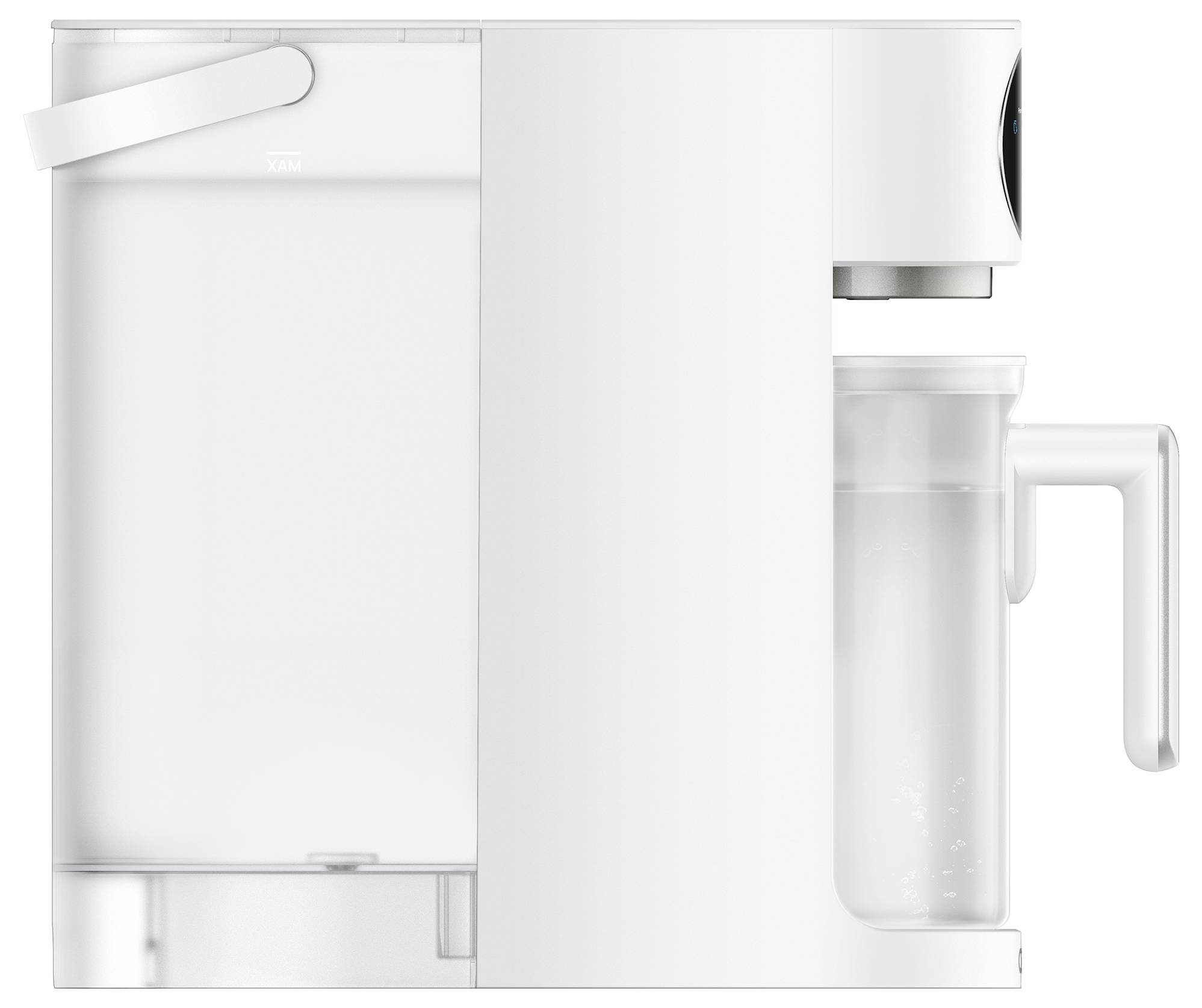 Vorderansicht einer weißen Arbeitsplattenkaffeemaschine mit einem linken Wasserbehälter, zentralem Gehäuse und einer auf der rechten Seite befindlichen durchsichtigen Tasse unter dem Auslauf.