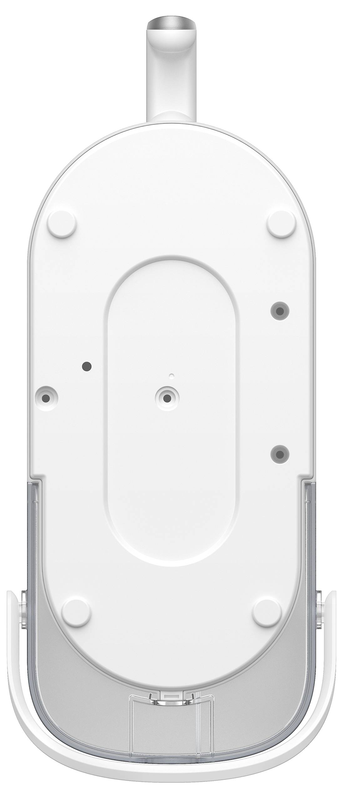 Weißes ovales wandmontiertes Gerät mit zentralem vertieftem Panel, mehreren Schrauben/Sensoren und einem transparenten unteren Bereich auf einfachem Hintergrund.