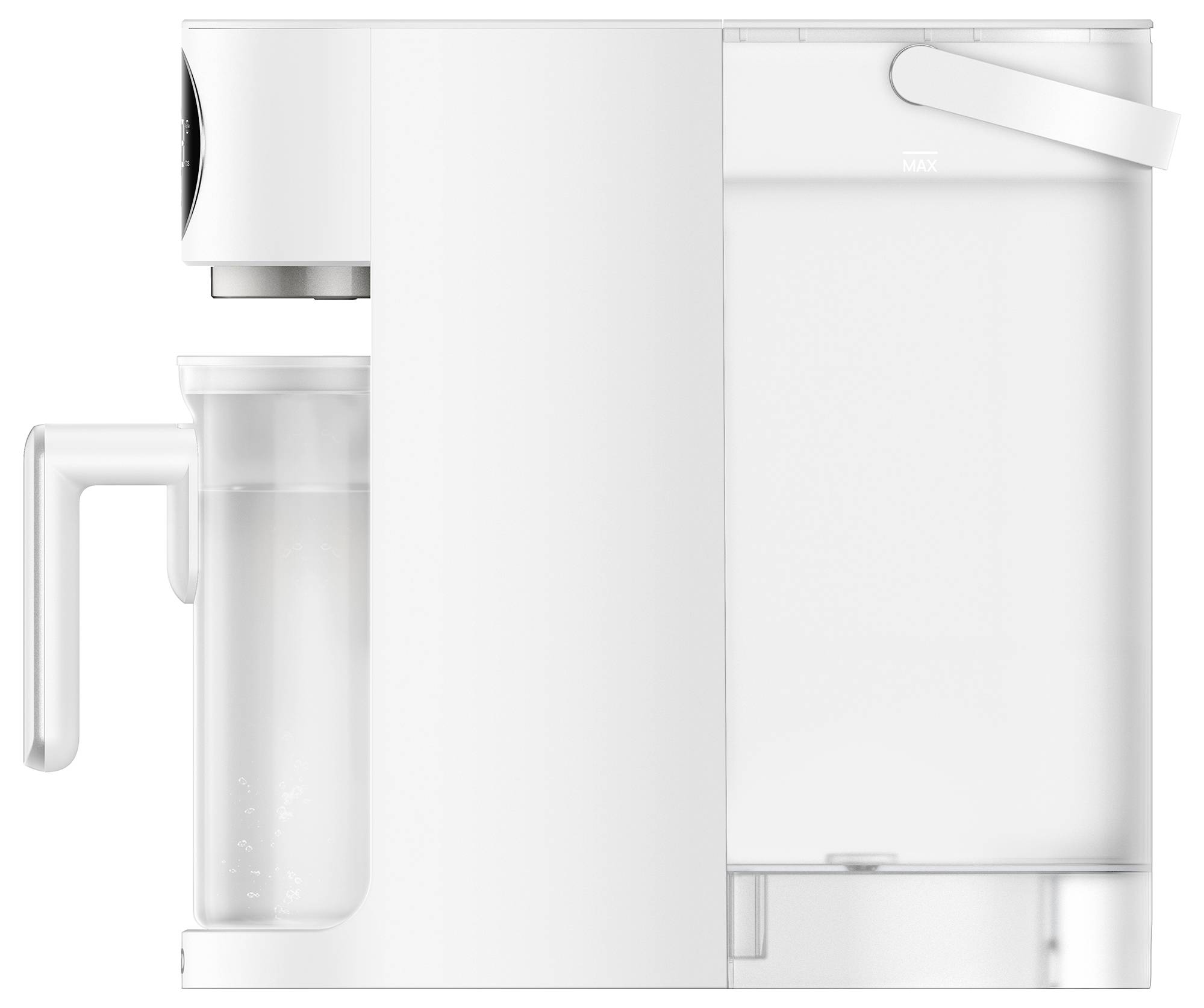 Weiße Arbeitsplatte Kaffeemaschine mit Glaskanne und Wassertank, dargestellt in einer Vorderansicht auf einfachem Hintergrund.
