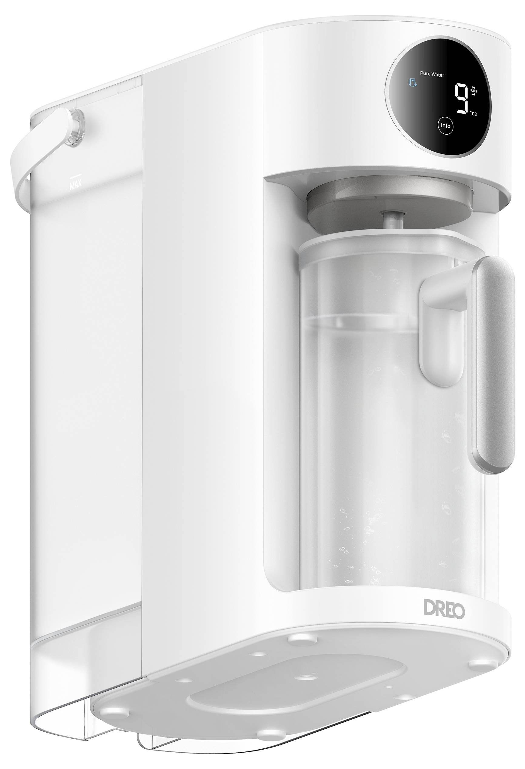 Weißer Dreo-Tischplattenwasserspender mit transparentem abnehmbarem Behälter, Griff und digitalem Display, das 9 anzeigt, zum Ausgeben von Wasser.