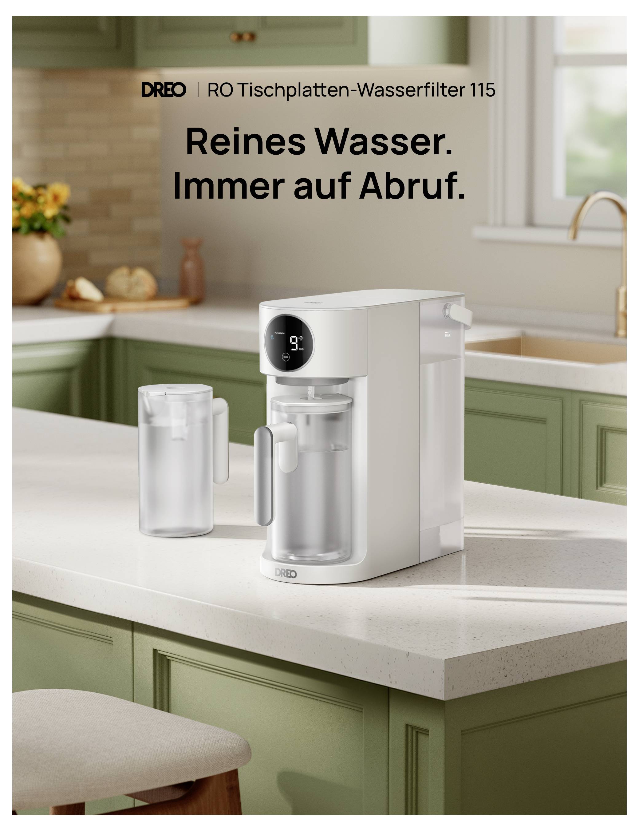 DREO RO Tischplattenwasserfilter auf einer Küchenarbeitsplatte mit dem Text „Reines Wasser. Immer auf Abruf.