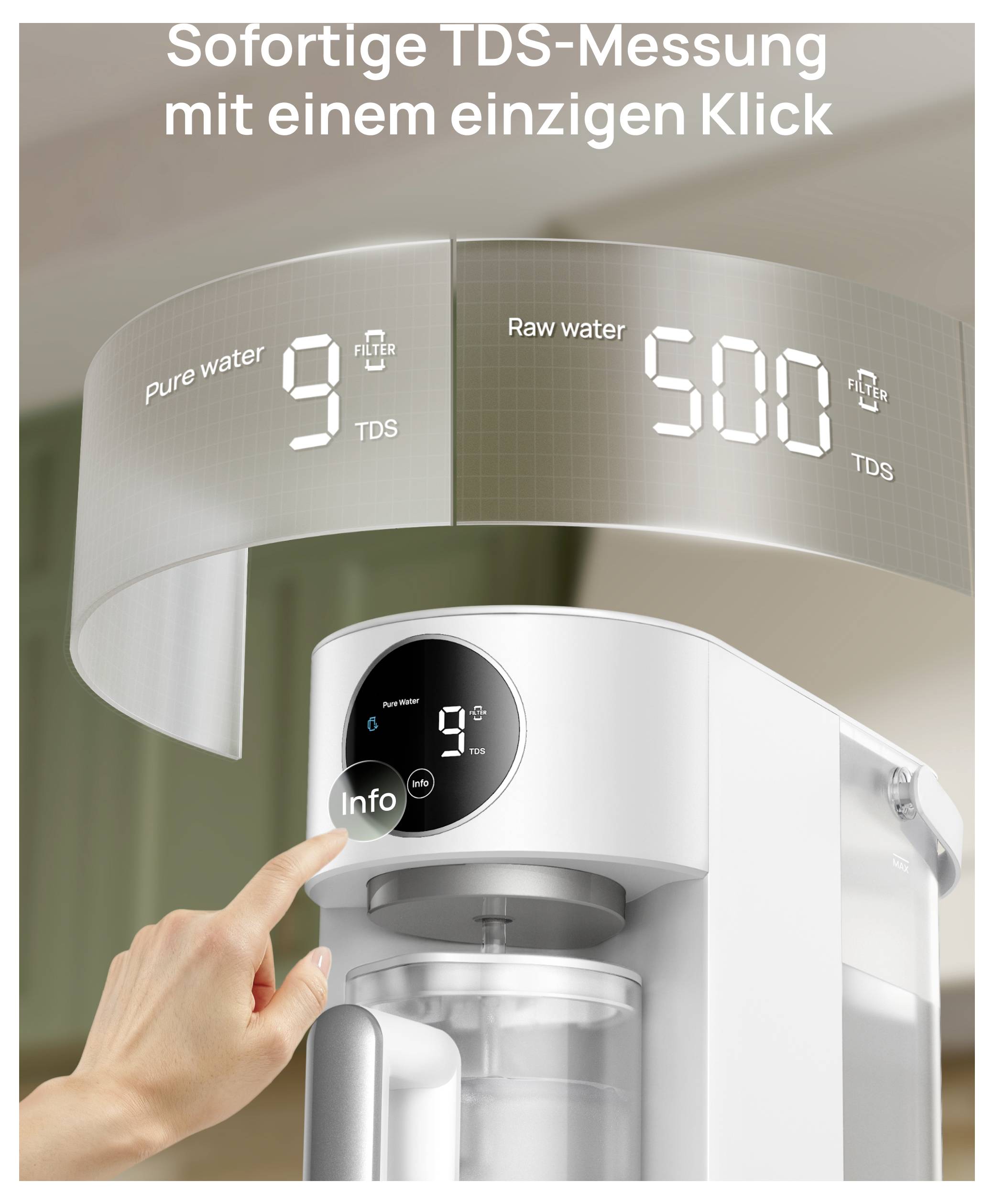 Wassertrinker mit Touchscreen wird angetippt und zeigt „Sofortige TDS-Messung mit einem einzigen Klick