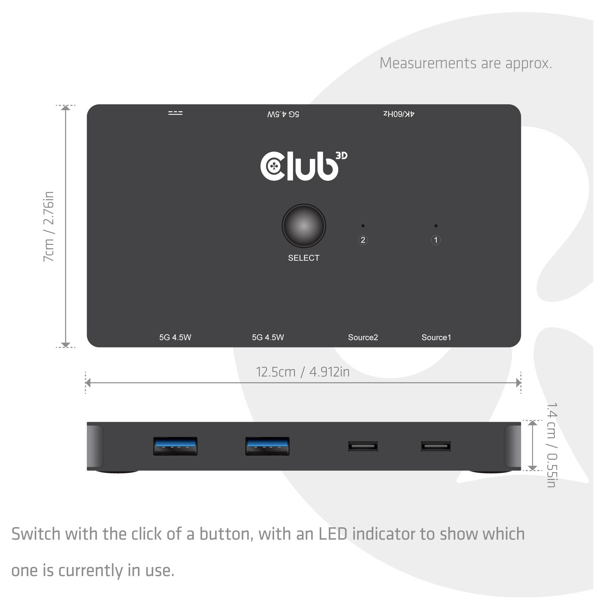 Vorderansicht und Seitenansicht eines 4-Port-USB-Schalters mit der Bezeichnung „club3D