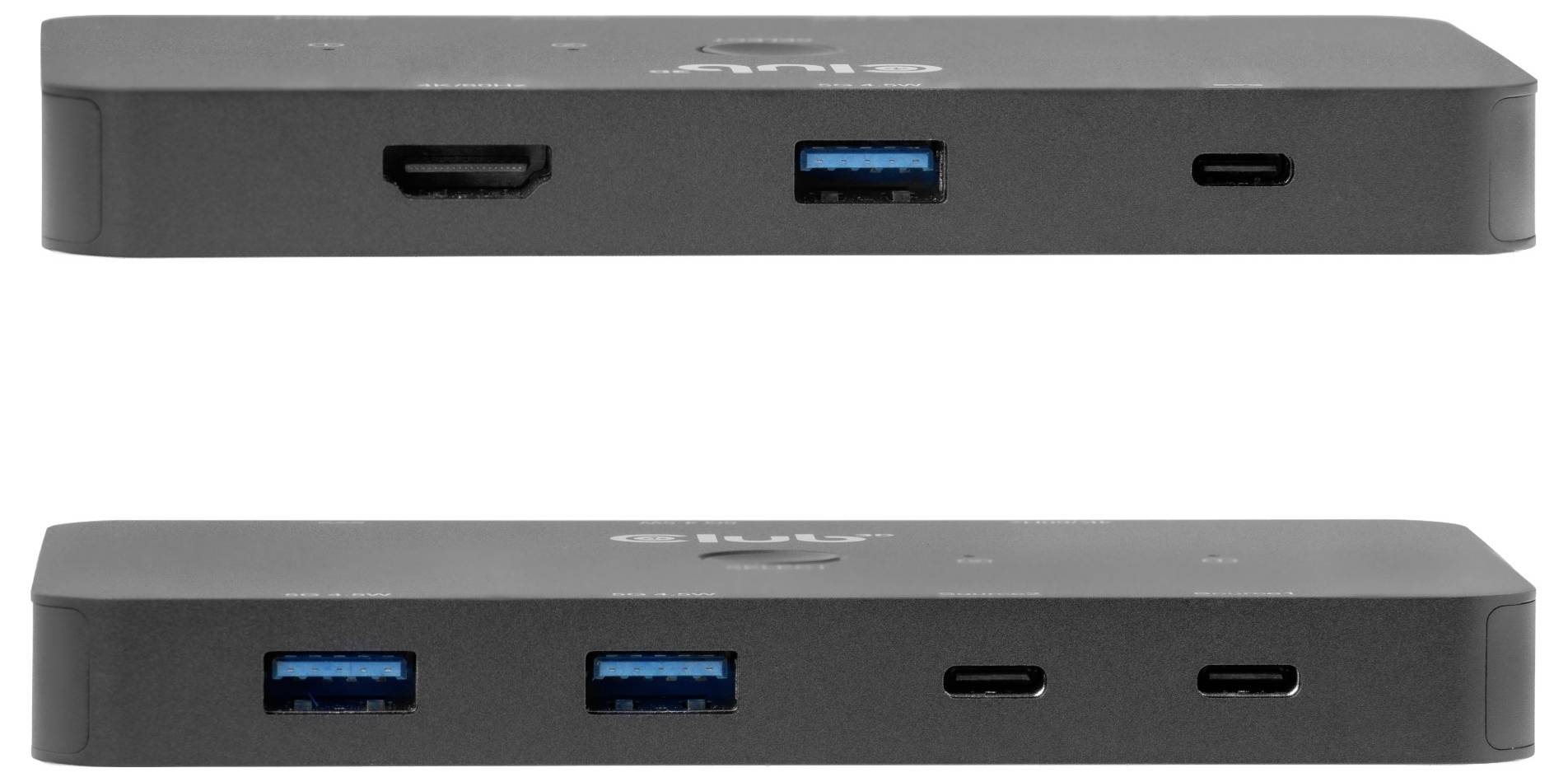 Zwei Ansichten eines dünnen schwarzen Geräts, die seine vorderen und hinteren Anschlüsse zeigen, einschließlich USB-A-, USB-C- und HDMI-ähnlichen Verbindungen.