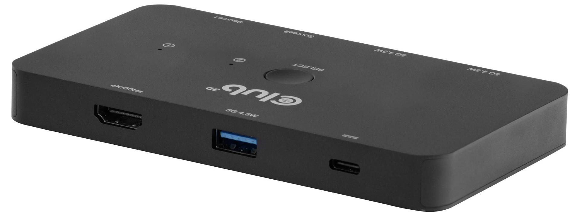 Schwarzer rechteckiger USB-C-Hub mit HDMI-, USB-A- und USB-C-Anschlüssen auf weißem Hintergrund dargestellt.