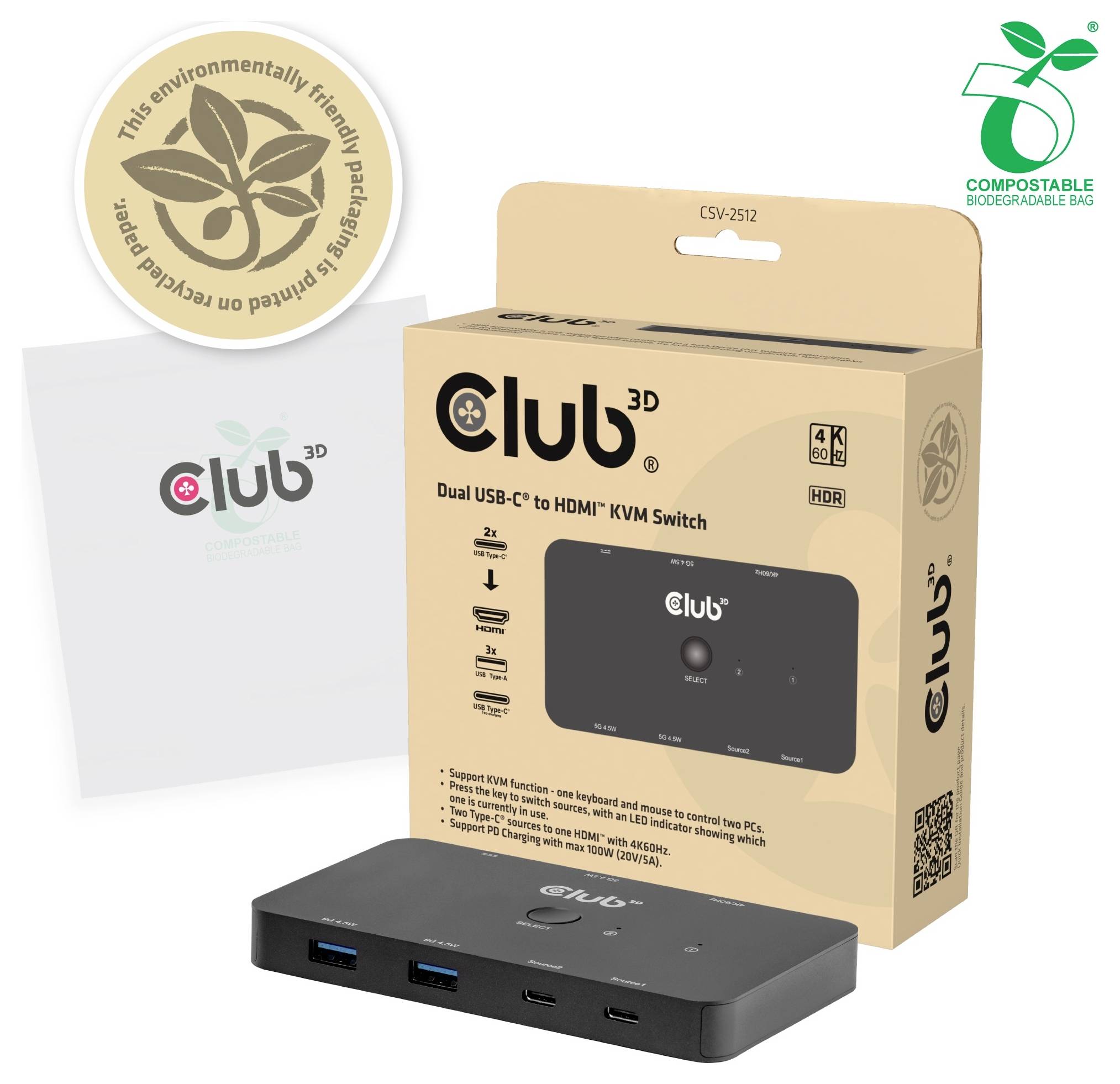 Produktverpackung und Gerät für den Club 3D Dual USB-C to HDMI KVM Switch, gezeigt mit dem Switch, der Schachtel, der Anleitung und umweltfreundlichen Verpackungsabzeichen.