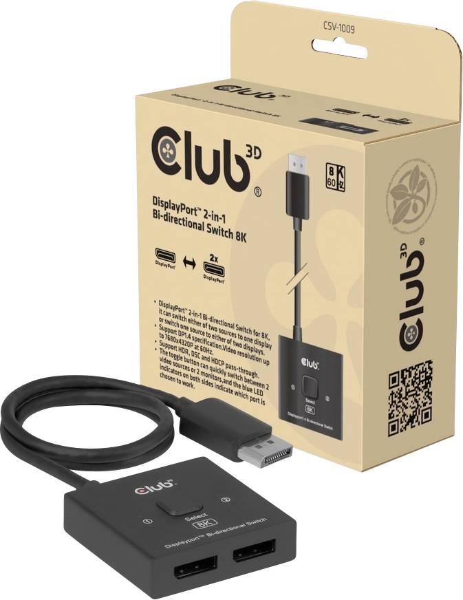 Produktfoto des Club 3D DisplayPort 2-in-1 bidirektionalen Schalters 8K mit Verpackung und schwarzem Adapter mit angeschlossenem Kabel.