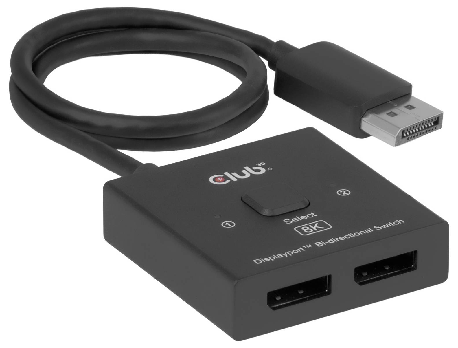 DisplayPort-Bidirektional-Umschalter mit angeschlossenem Kabel und zwei vorderen DisplayPort-Anschlüssen, gekennzeichnet mit „Select" und „Switch".