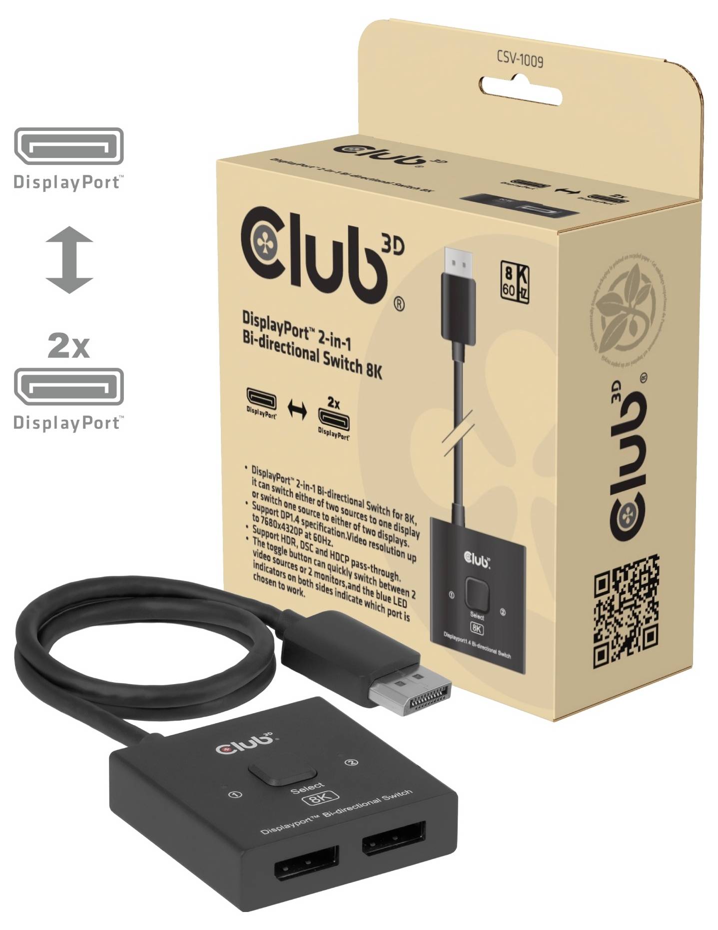 Produktbild eines Club 3D DisplayPort 2-in-1 bidirektionalen Schalters mit zwei DisplayPort-Anschlüssen, einer 8K-Box und einem DisplayPort-Kabel.