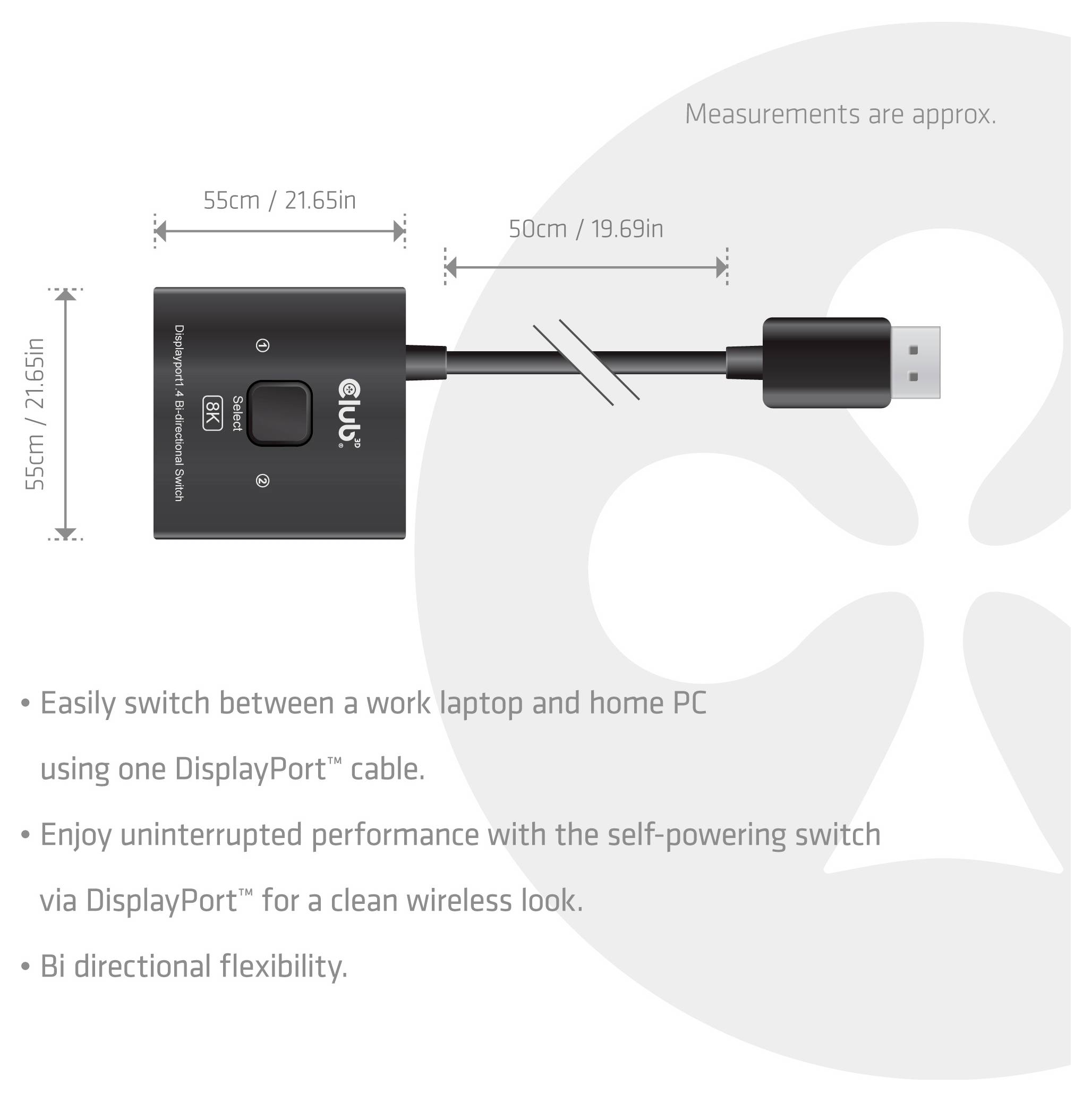 Diagramm eines DisplayPort-Schalter-Adapters mit Abmessungen: 55 cm quadratische Einheit und 50 cm Kabel. Der Text hebt die Umschaltung zwischen Arbeits-Laptop und Heim-PC hervor.