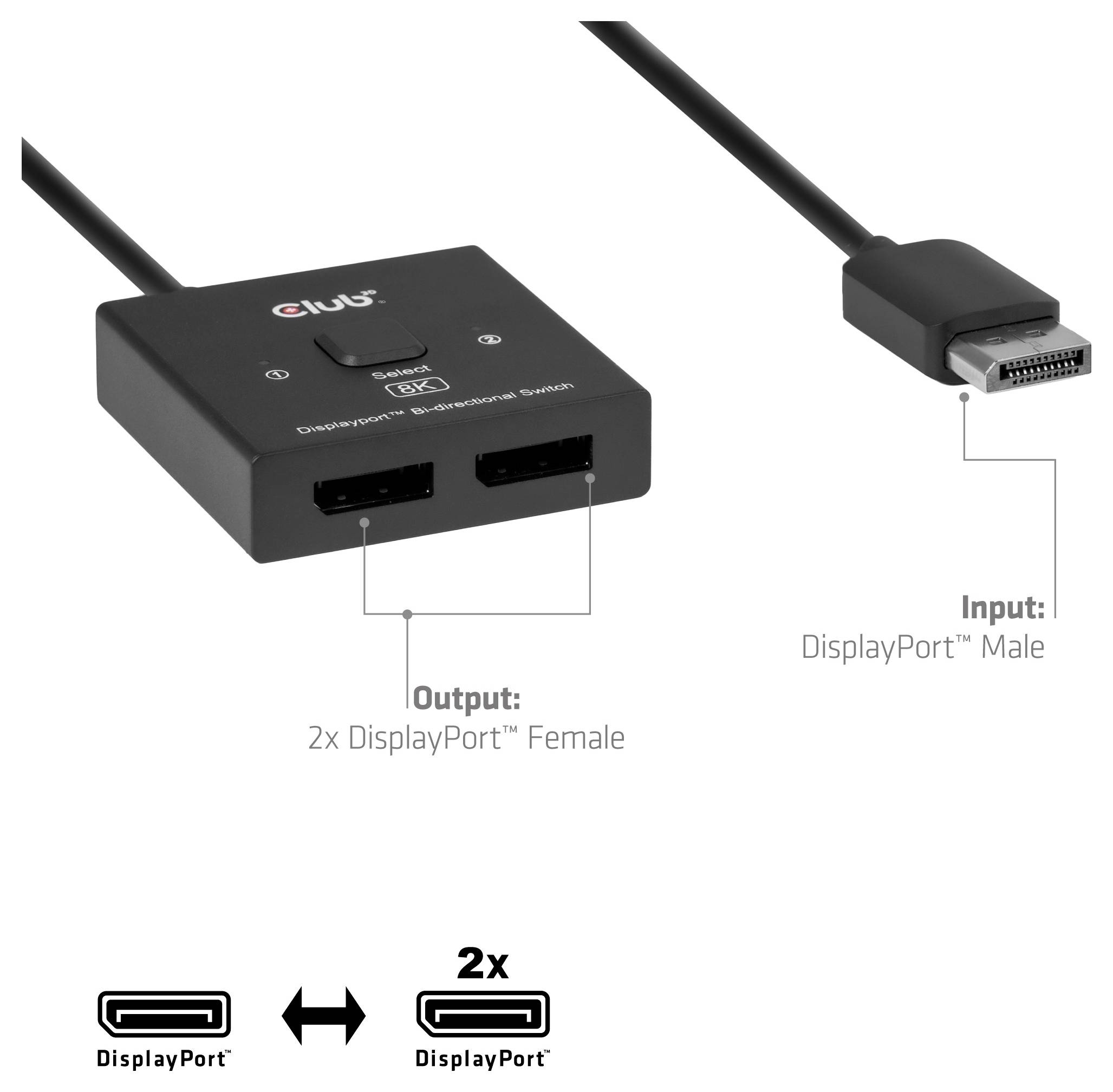 DisplayPort-Splitter-Adapter mit einem DisplayPort-Steckeranschluss (Eingang) und zwei DisplayPort-Buchsenanschlüssen (Ausgang), gekennzeichnet mit 2x DisplayPort-Buchse.