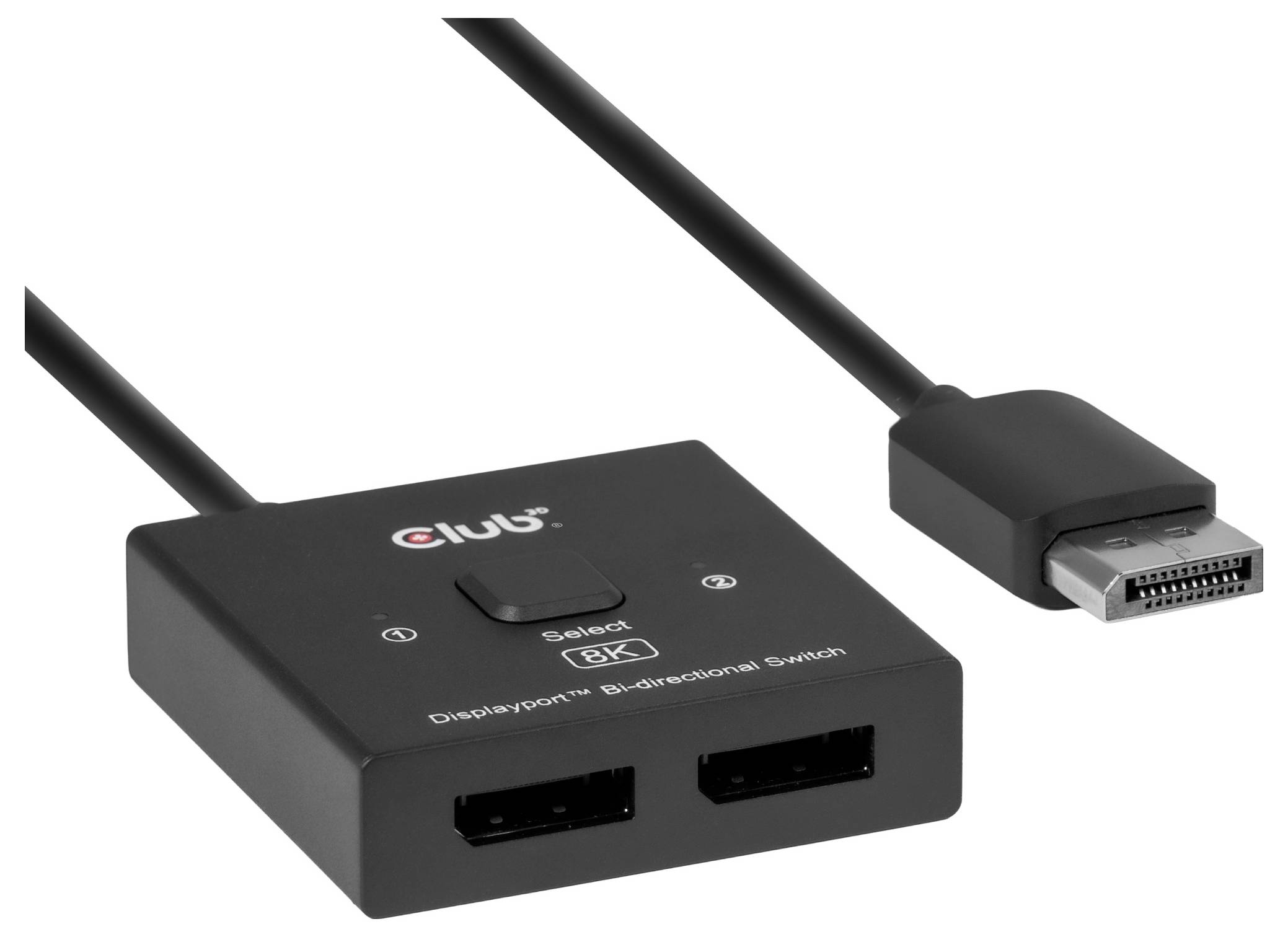 Schwarzer Club DisplayPort bidirektionaler Umschalter mit zwei DisplayPort-Anschlüssen und angeschlossenem Kabel/Stecker auf weißem Hintergrund