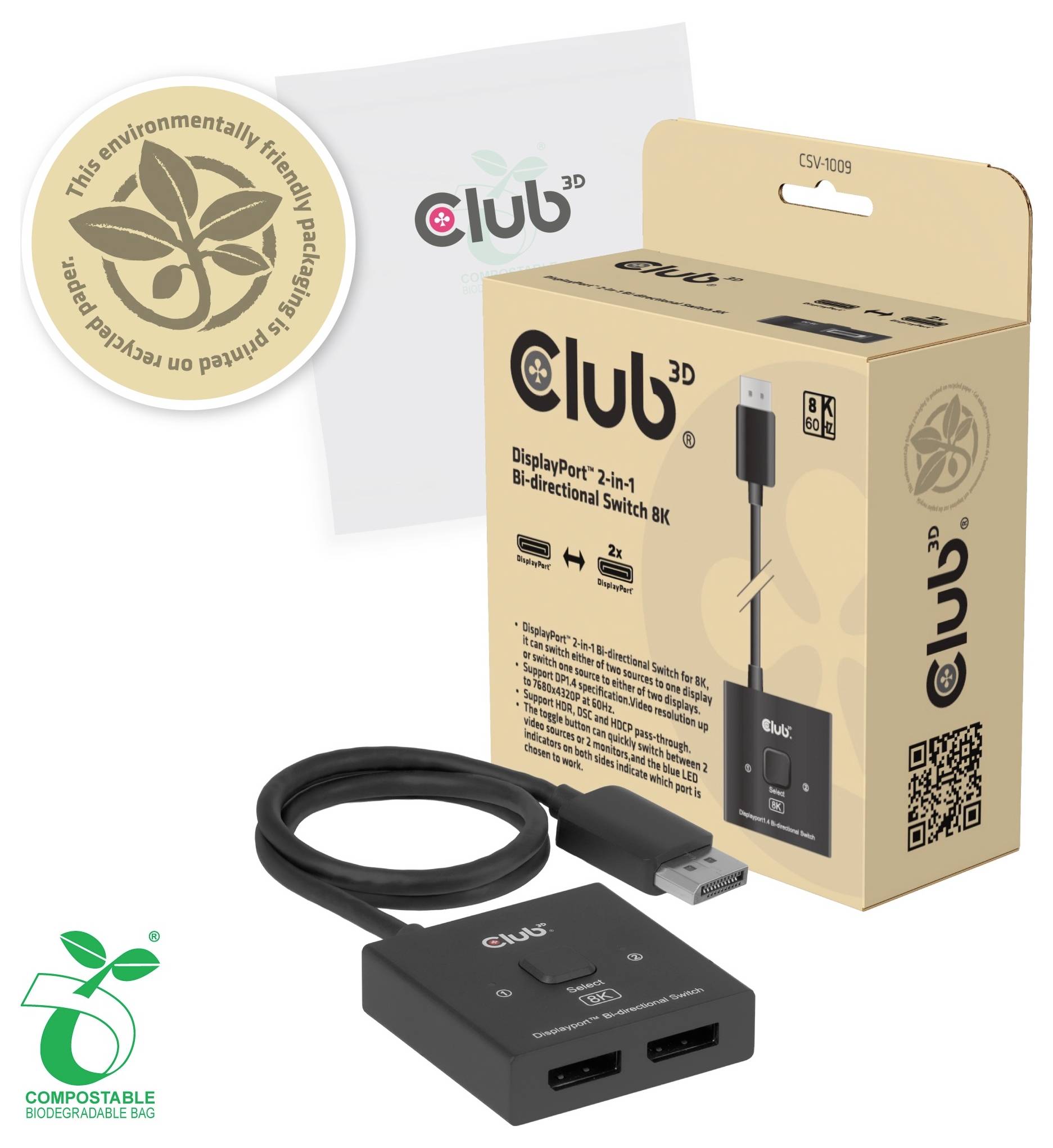 Produktverpackung für ein Club 3D DisplayPort 2-in-1 bidirektionales Switch-Kit, das die Box, das Switch-Gerät, das Kabel und Öko-freundliche Verpackungslogos zeigt.