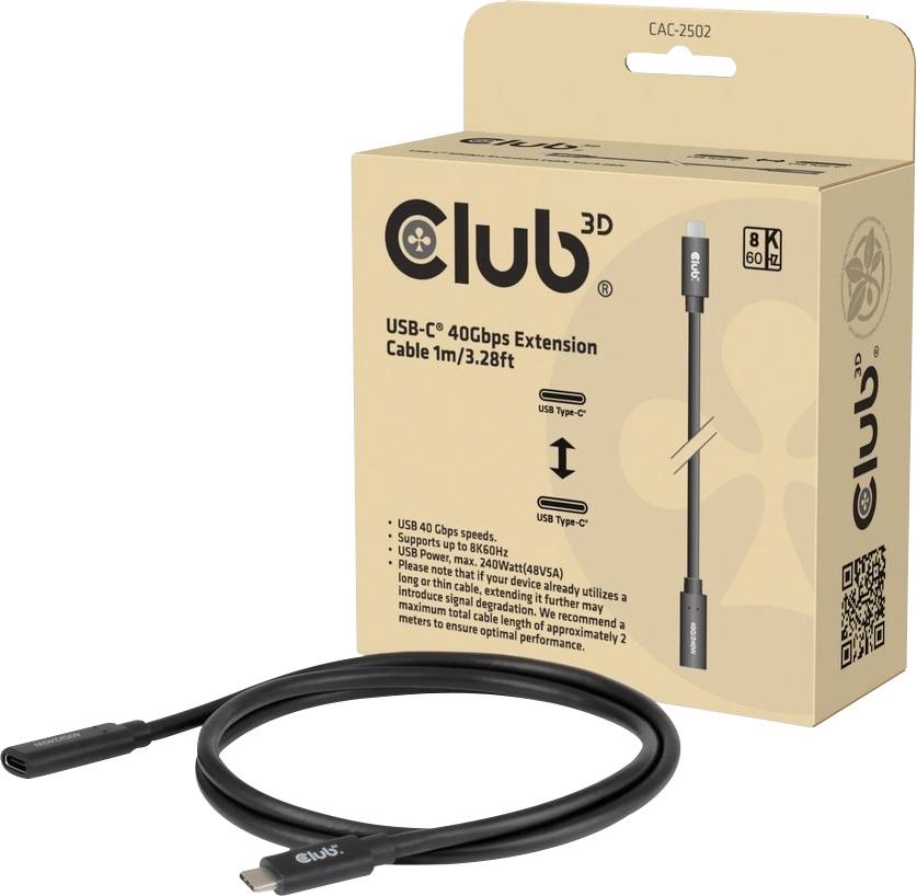 Club 3D USB-C 40Gbps Verlängerungskabel, 1 m, aufgerollt vor seiner Einzelhandelverpackung dargestellt.