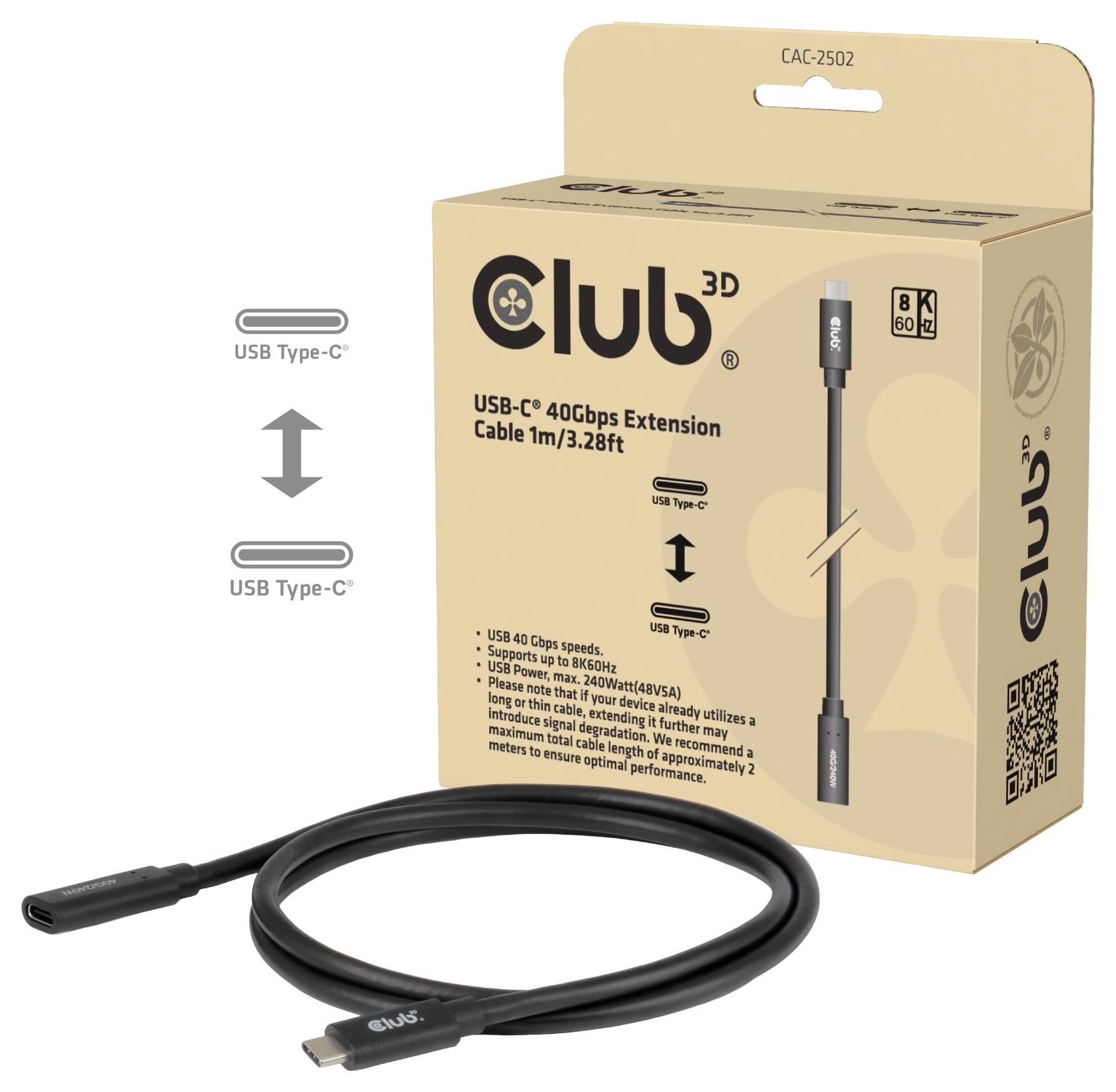 Club 3D USB-C 40Gbps Verlängerungskabel, 1m/3,28ft, gezeigt mit Produktverpackung und Kabelsteckern.