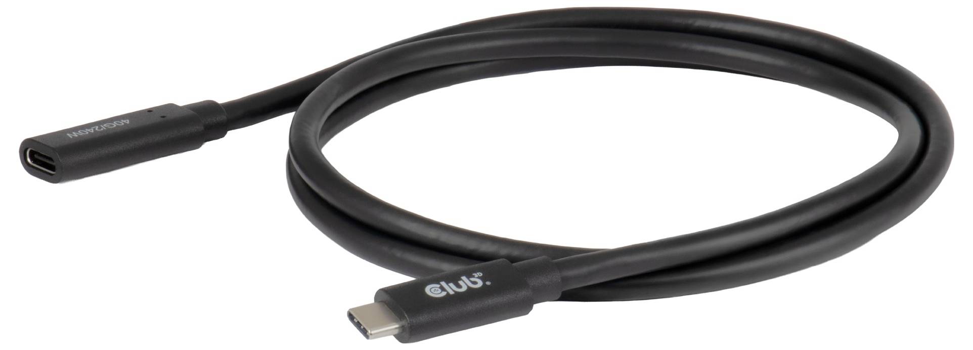 Schwarzes USB-C-Kabel, das auf weißem Hintergrund aufgerollt ist, mit jeweils einem sichtbaren USB-C-Anschluss an jedem Ende.