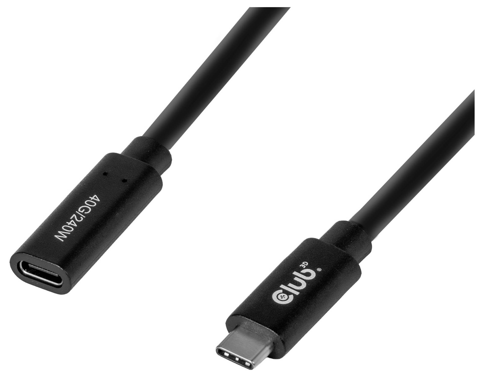 Schwarzes USB-C-Kabel mit einem USB-C-Stecker und einer USB-C-Buchse, gezeigt auf weißem Hintergrund.