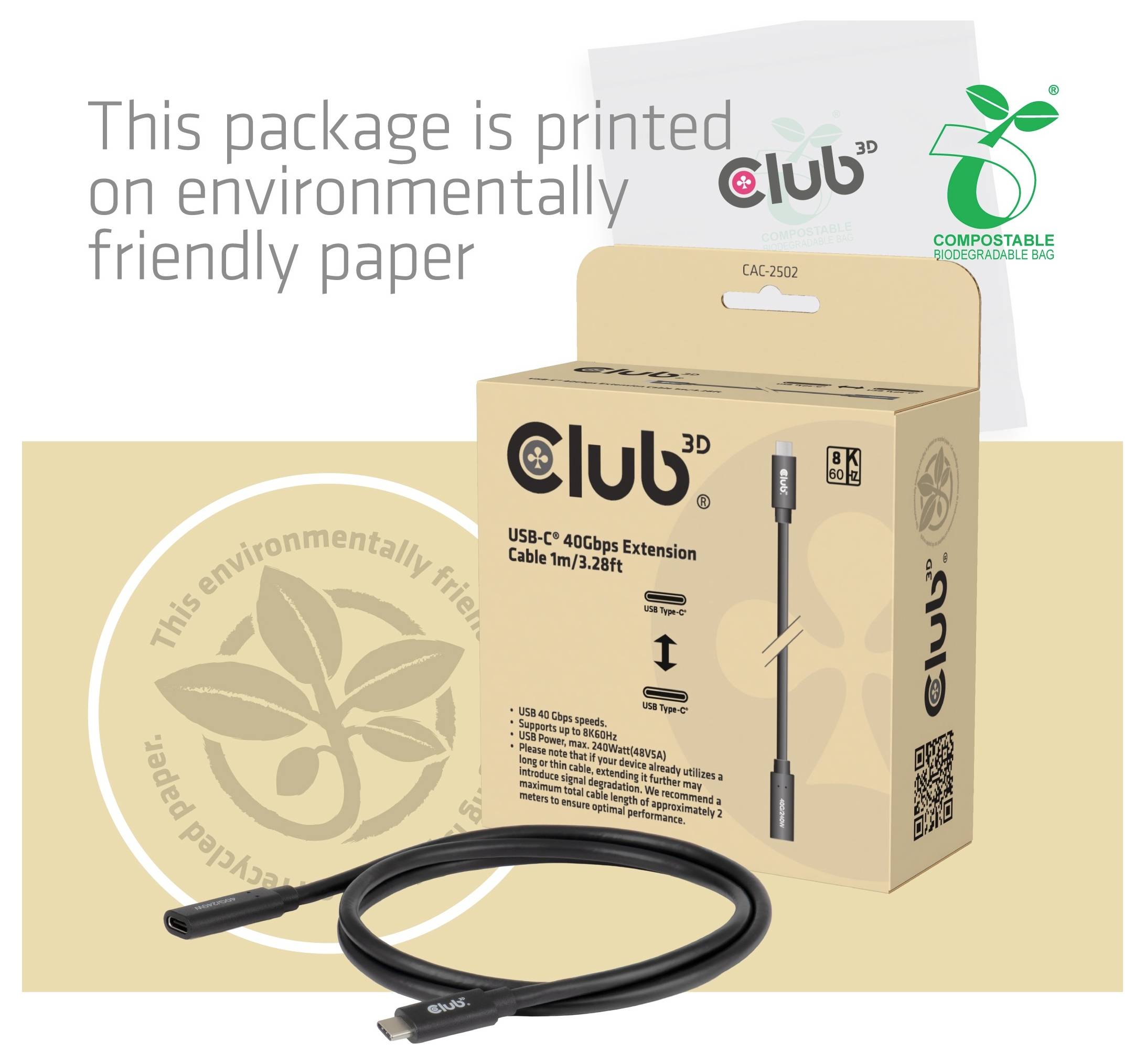 Produktbild eines Club 3D USB-C 4K60bps Verlängerungskabels in einer recycelbaren Papierverpackung, die als umweltfreundlich und in einer kompostierbaren biologisch abbaubaren Tasche gekennzeichnet ist.