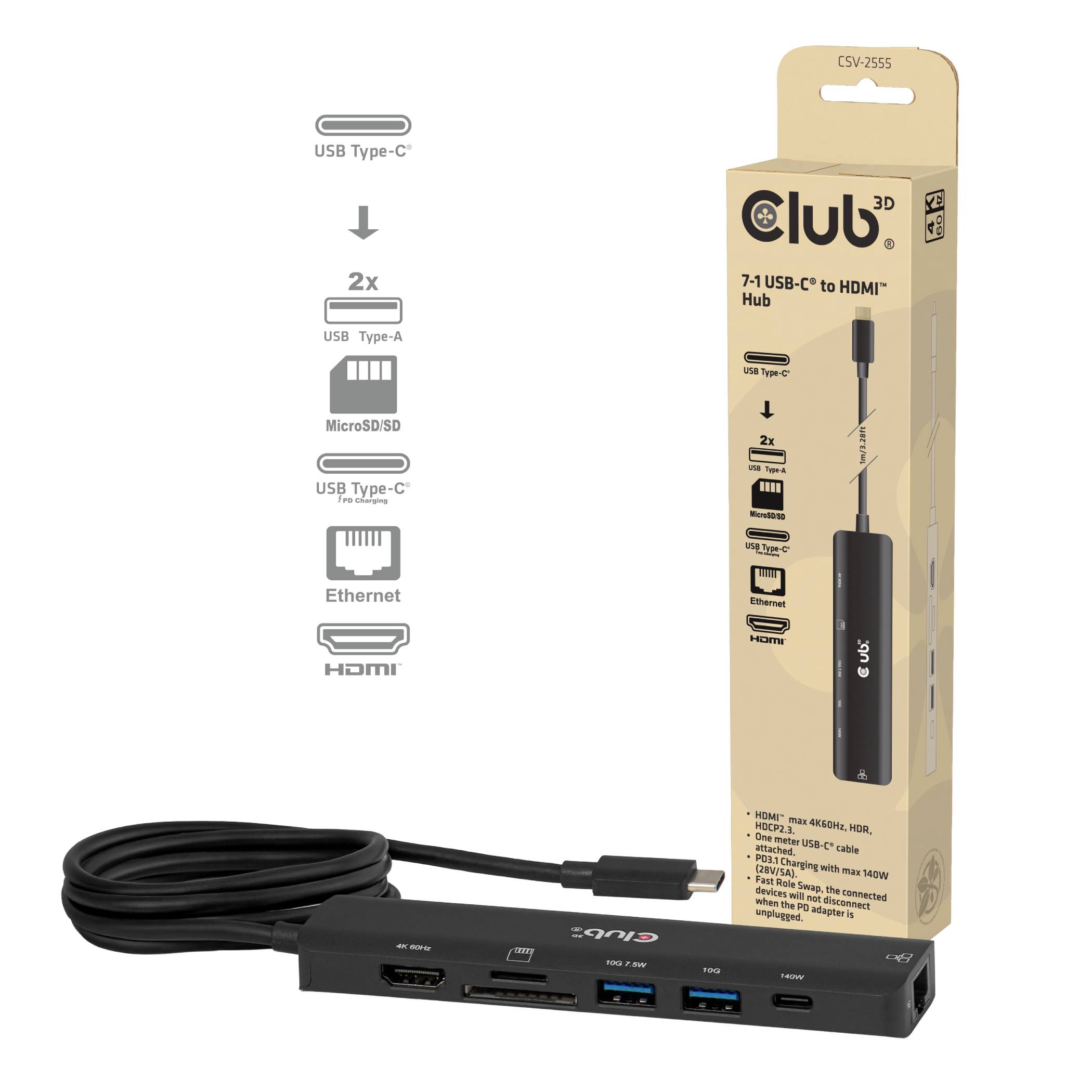 Club3D CSV-2555 USB-Hub 7 Port USB-A, RJ45, HDMI®, microSD, SD, USB-C® PD Schwarz