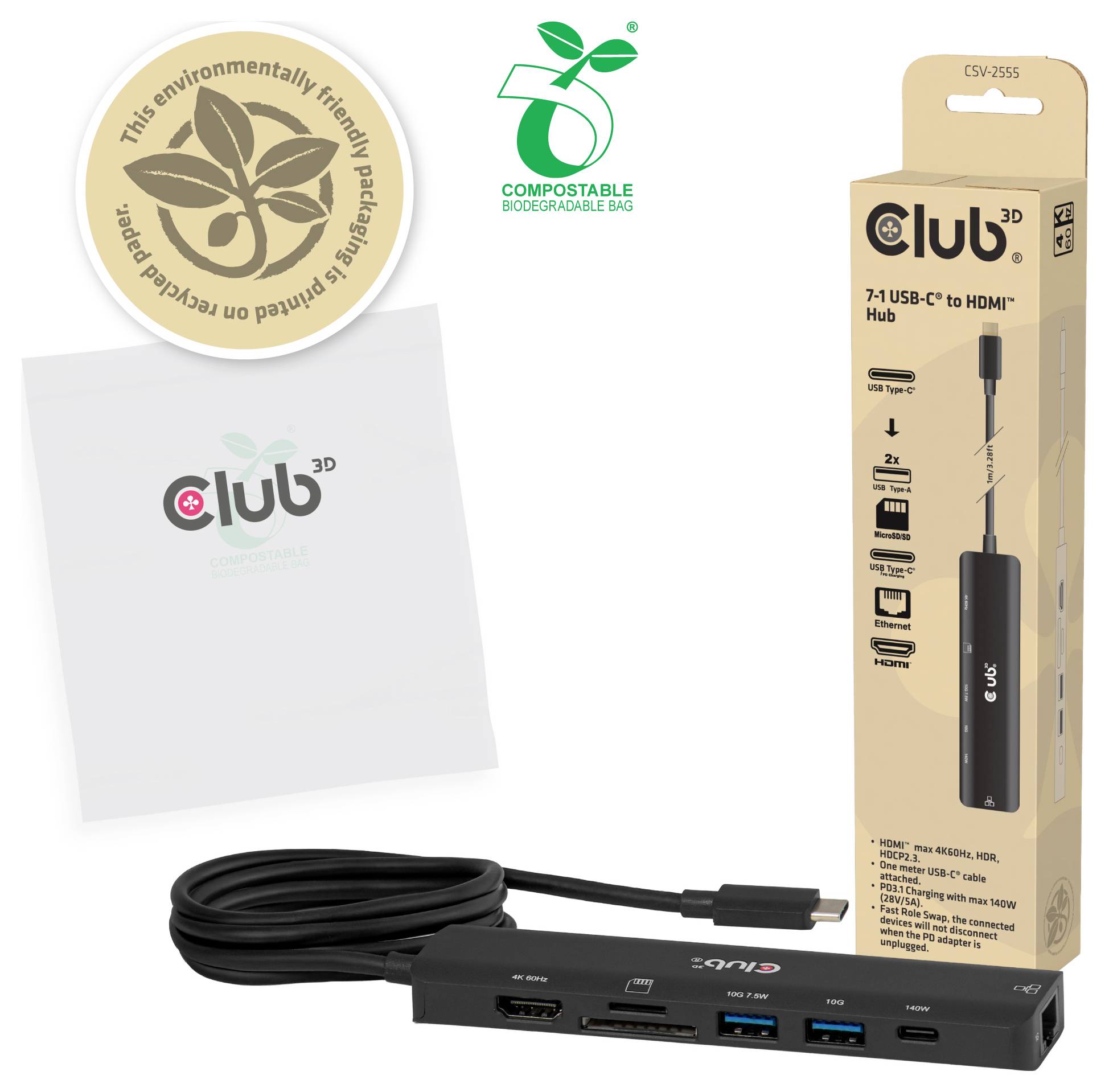 Club3D CSV-2555 USB-Hub 7 Port USB-A, RJ45, HDMI®, microSD, SD, USB-C® PD Schwarz