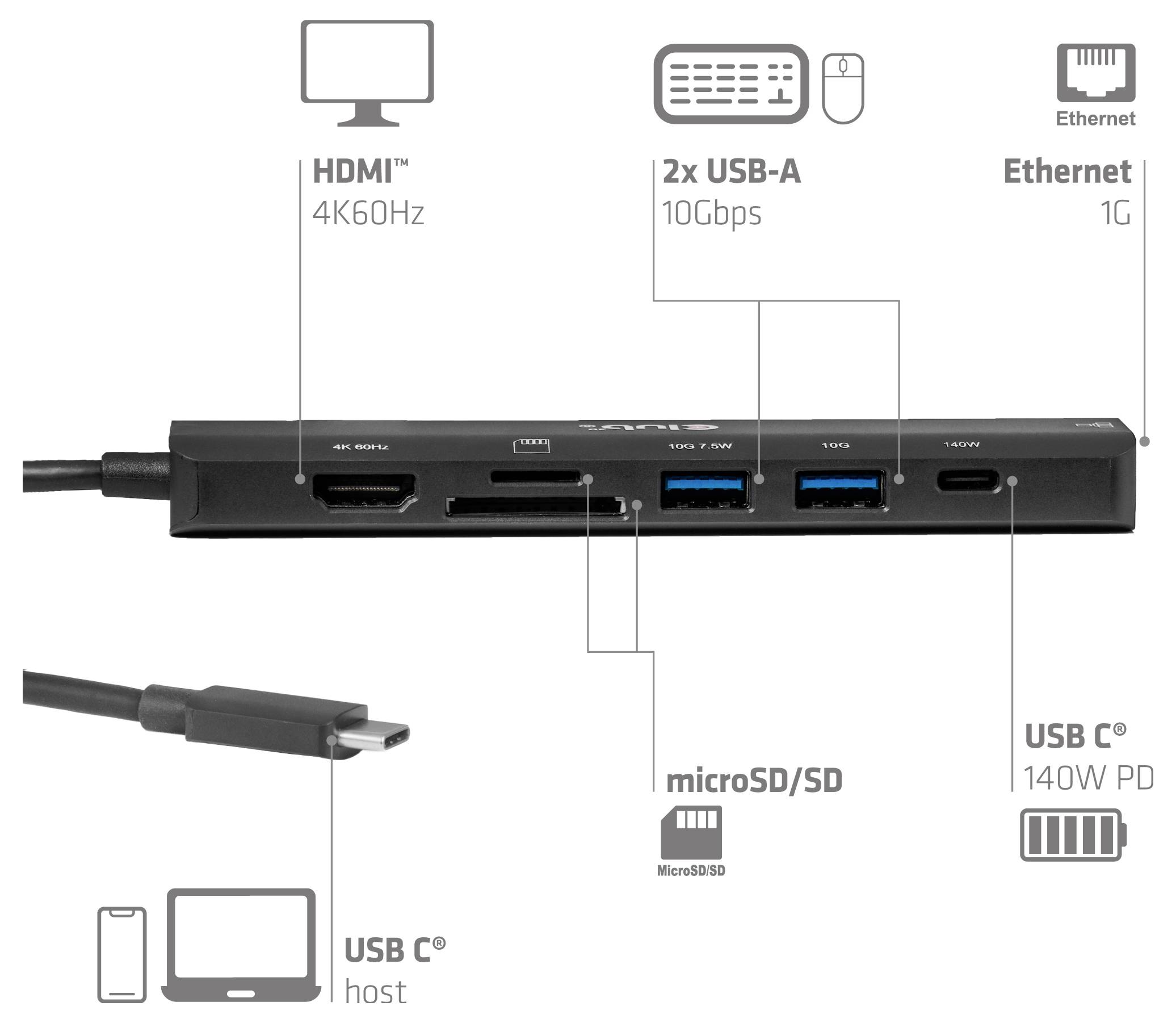 Club3D CSV-2555 USB-Hub 7 Port USB-A, RJ45, HDMI®, microSD, SD, USB-C® PD Schwarz