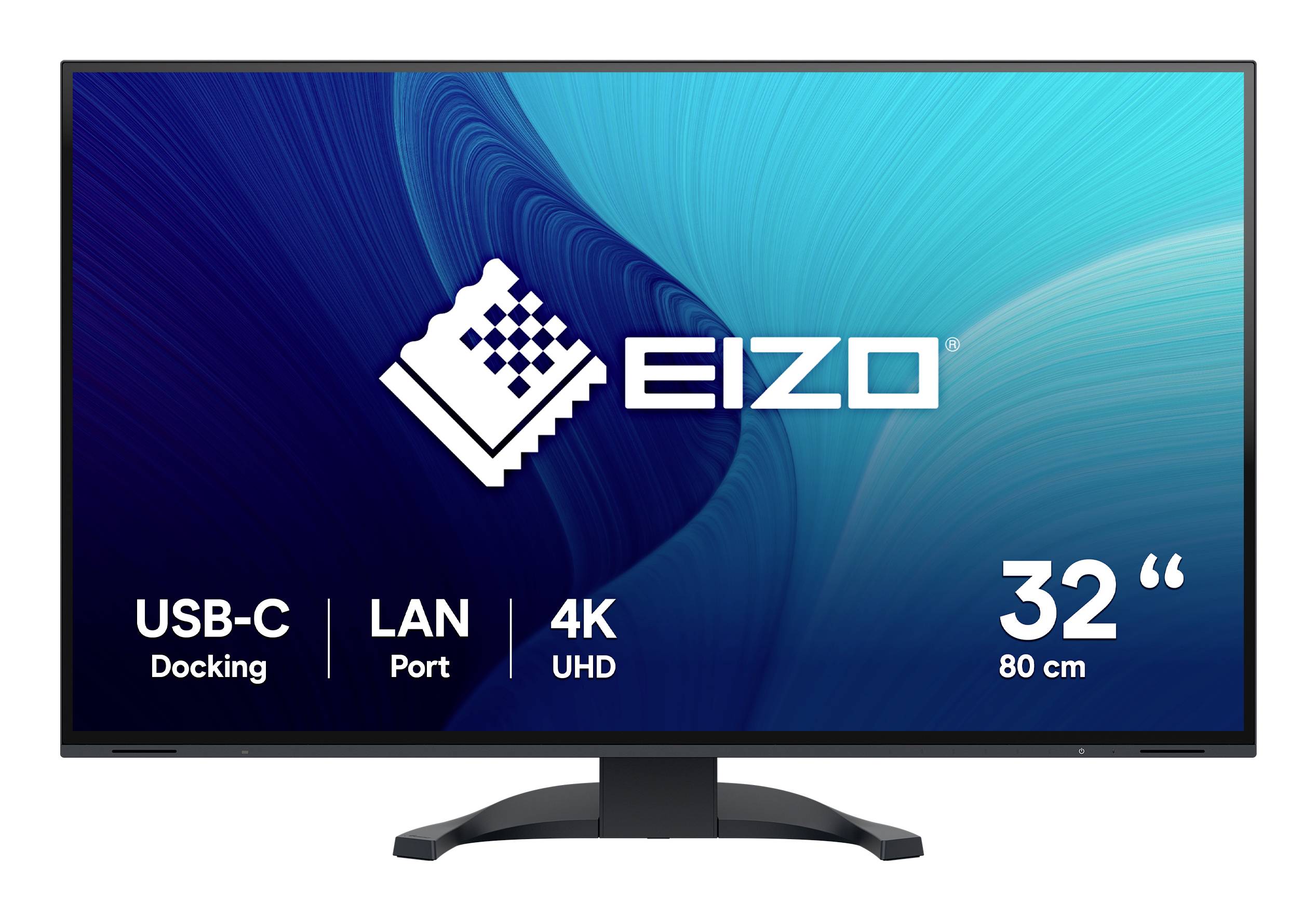 EIZO 32-Zoll-4K-UHD-Monitor in Frontansicht mit USB-C-Docking- und LAN-Port-Funktionen.