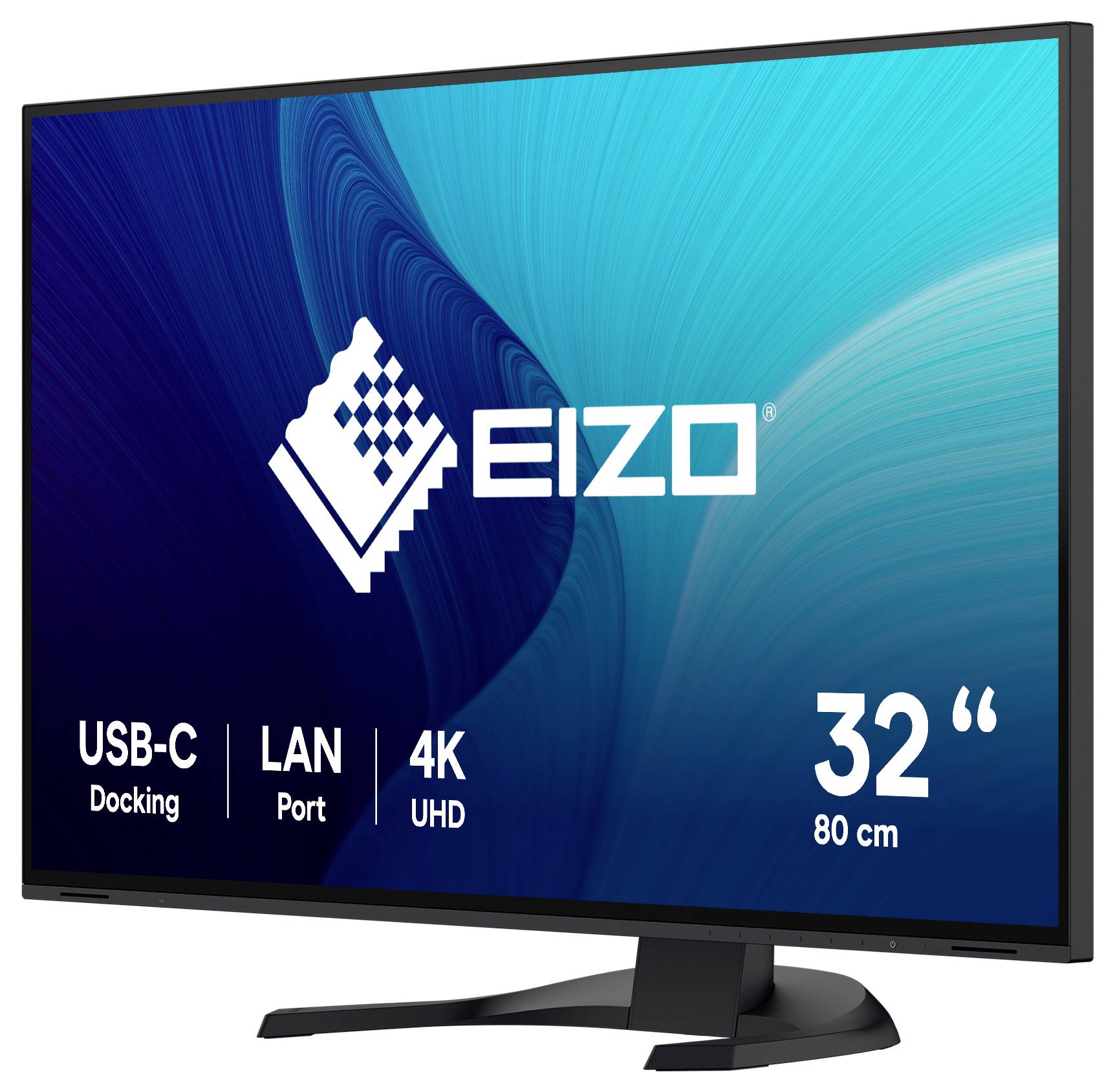 EIZO 32-Zoll 4K-UHD-Monitor mit USB-C-Dockingstation und LAN-Anschluss, dargestellt in einem produktgestalteten Bild.
