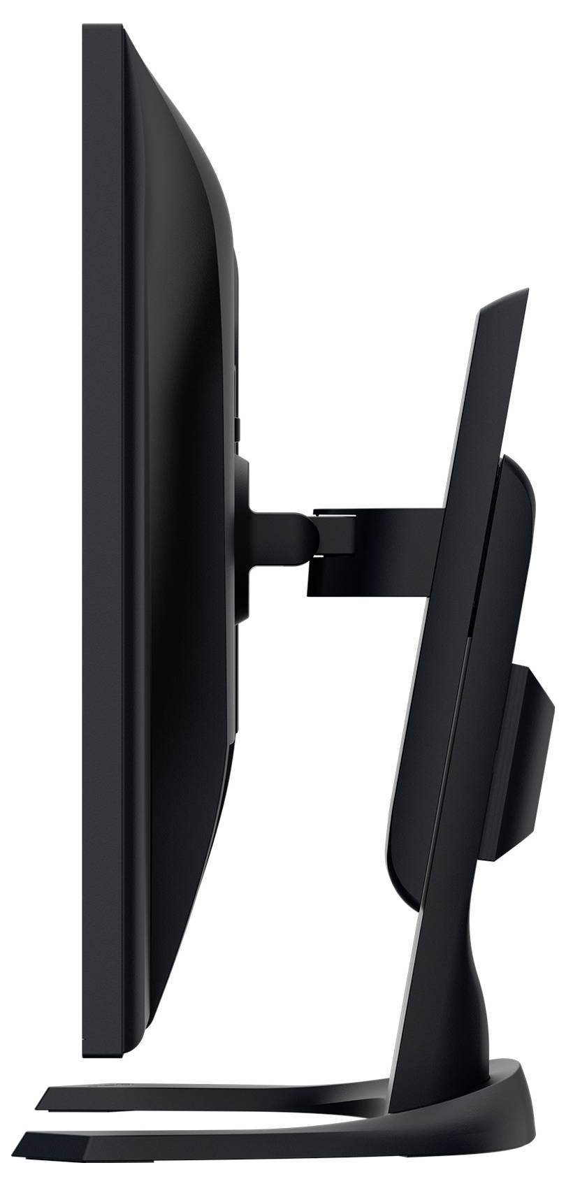 Seitenansicht eines schwarzen Desktop-Monitors auf einem Ständer, das Bildschirm, Arm und Basis zeigt.