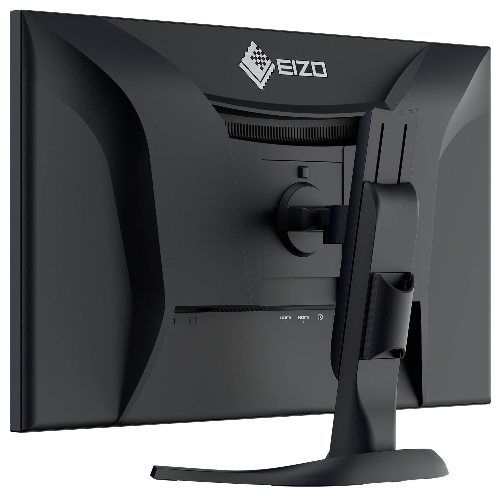 Rückansicht eines EIZO-Desktop-Monitors mit Ständer, Kabelmanagement und verstellbarer Montageklammer.