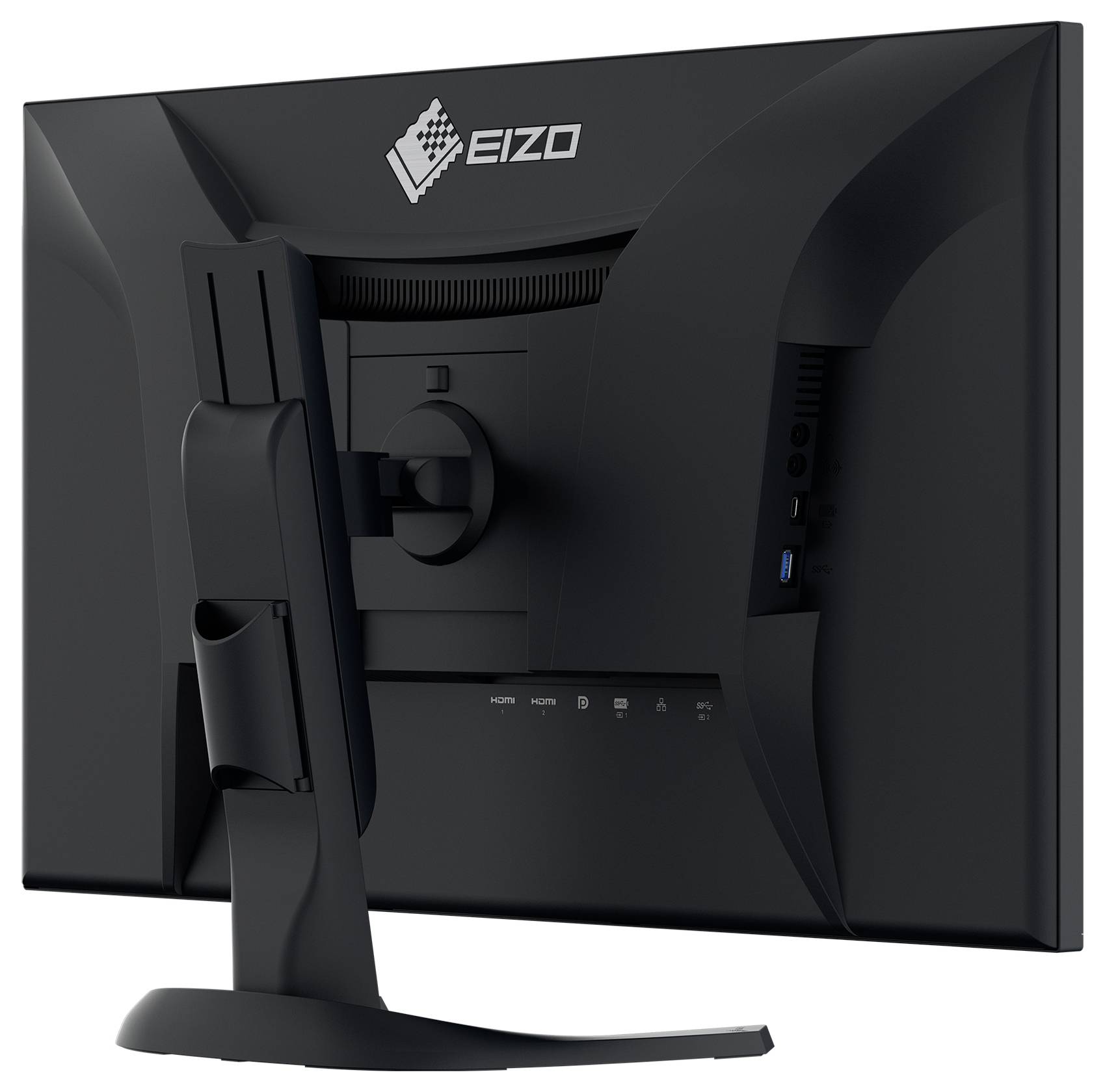 Rückansicht eines schwarzen EIZO-Computermonitors auf einem Ständer, der die verstellbare Halterung, die Belüftung und die seitlichen Anschlüsse einschließlich eines blauen USB-Anschlusses zeigt.