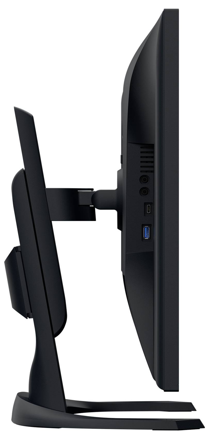 Seitenansicht eines schwarzen All-in-One-Desktop-Computers auf einem Ständer, das das dünne Monitorprofil und die seitlichen Anschlüsse zeigt.